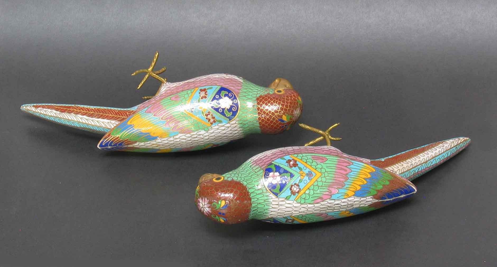 Metal Pair of Chinese Cloisonne Enamel Parrots on Stands 1st half of 20th Century For Sale