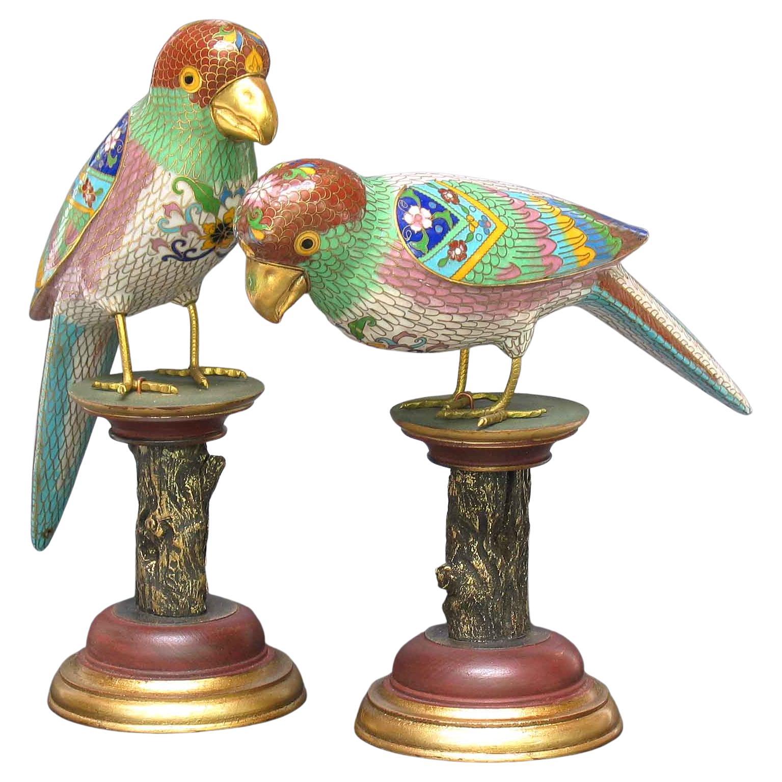 Pair of Chinese Cloisonne Enamel Parrots on Stands 1st half of 20th Century