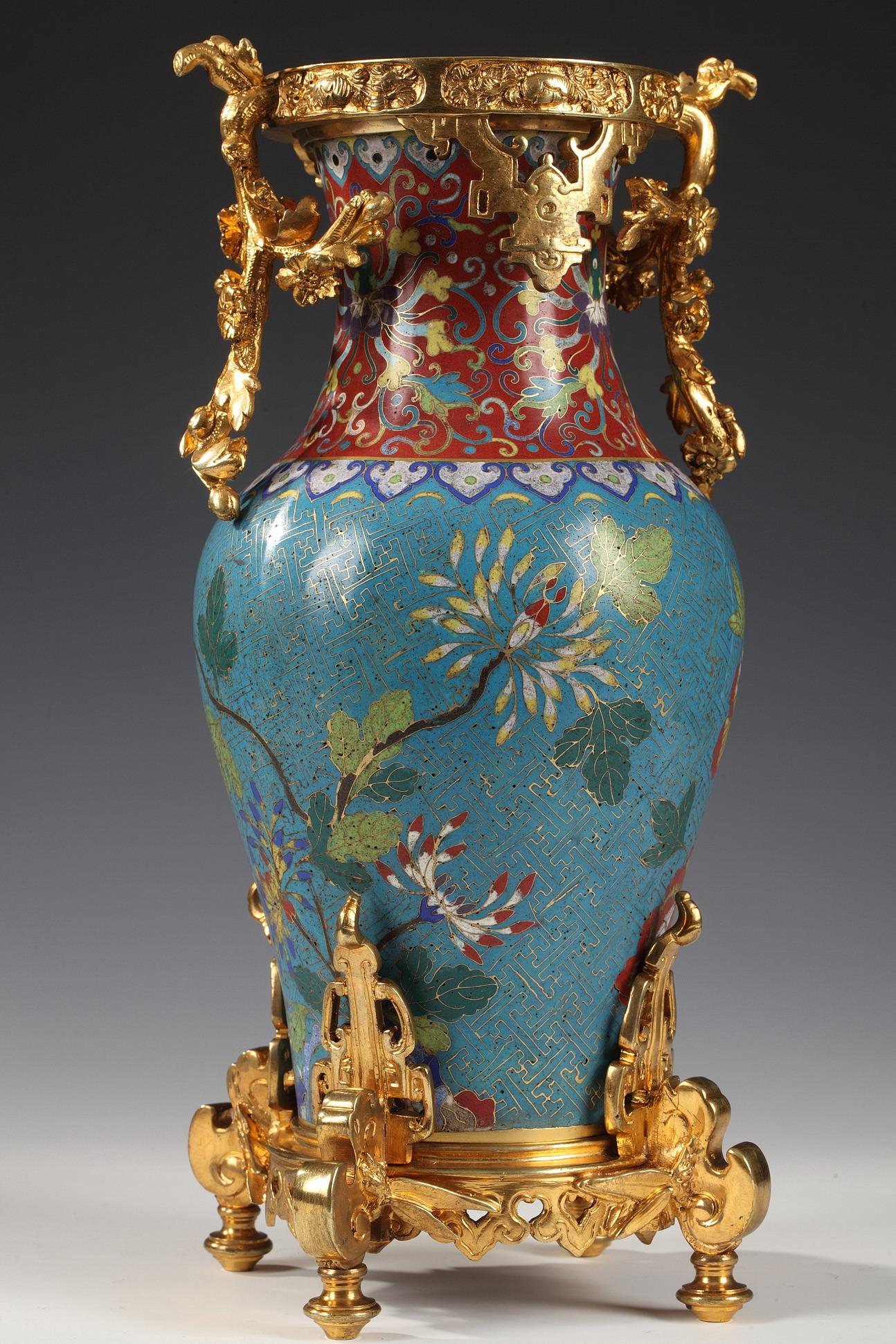 French Pair of Chinese Cloisonné Enamel Vases Attributed to L'Escalier de Cristal