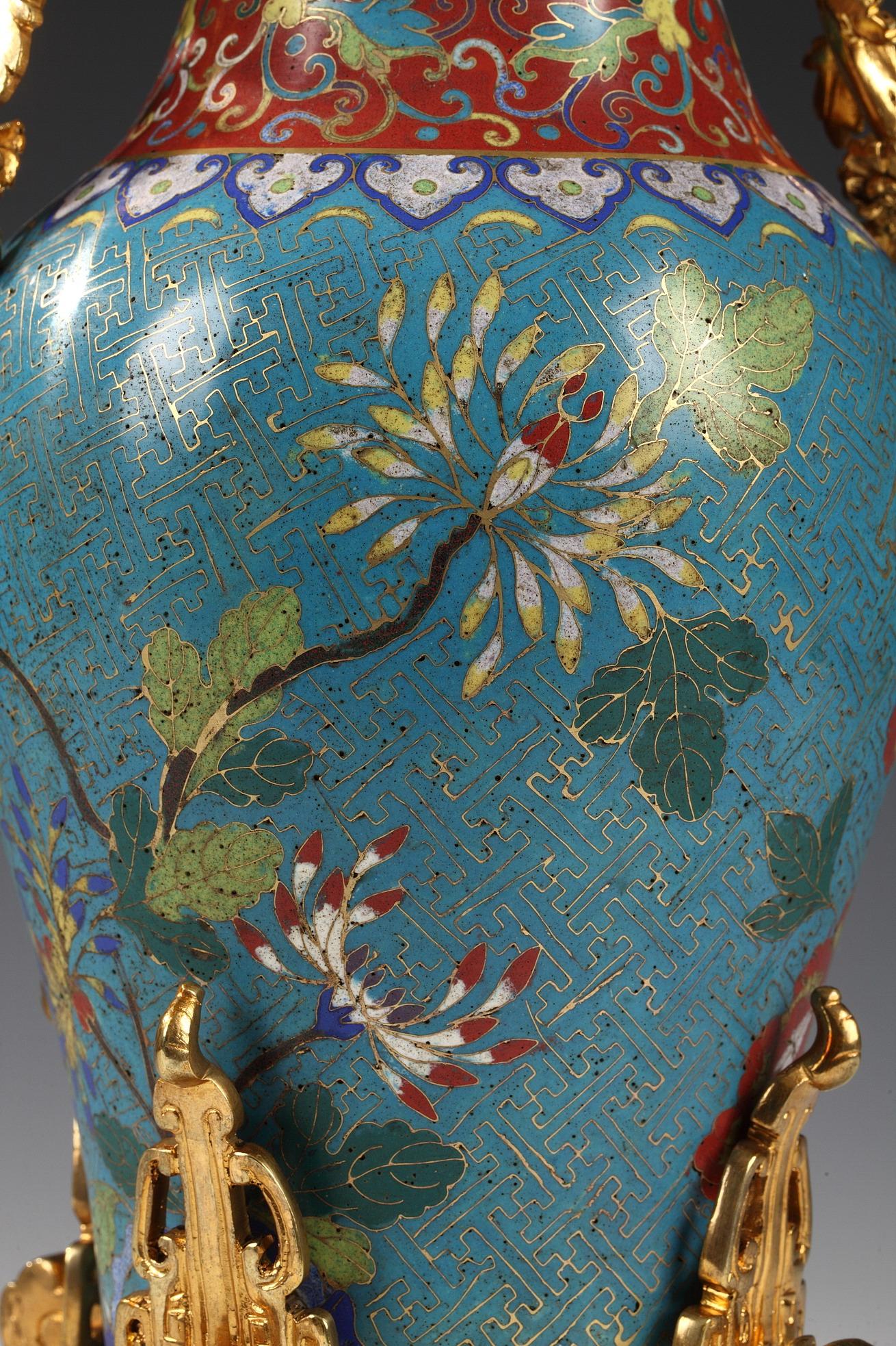 Gilt Pair of Chinese Cloisonné Enamel Vases Attributed to L'Escalier de Cristal