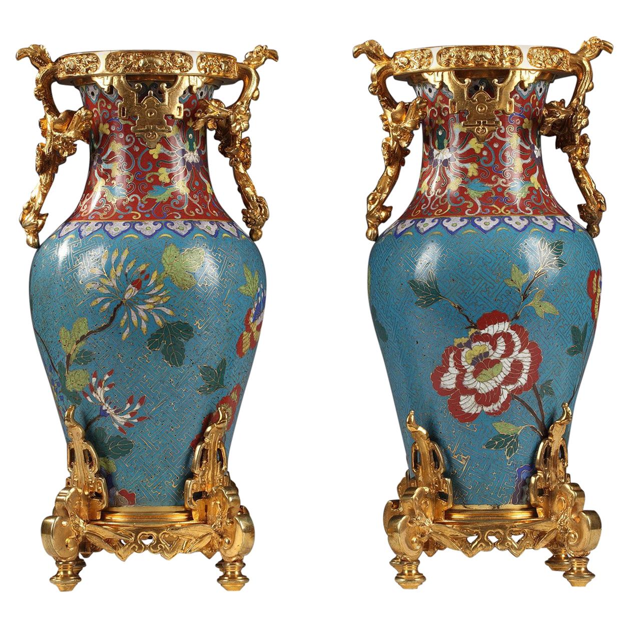Pair of Chinese Cloisonné Enamel Vases Attributed to L'Escalier de Cristal