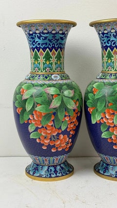 Pair of Chinese Cloisonne Enamel Vases Blue Ground with Red Berries