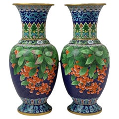 Pair of Chinese Cloisonne Enamel Vases Blue Ground with Red Berries
