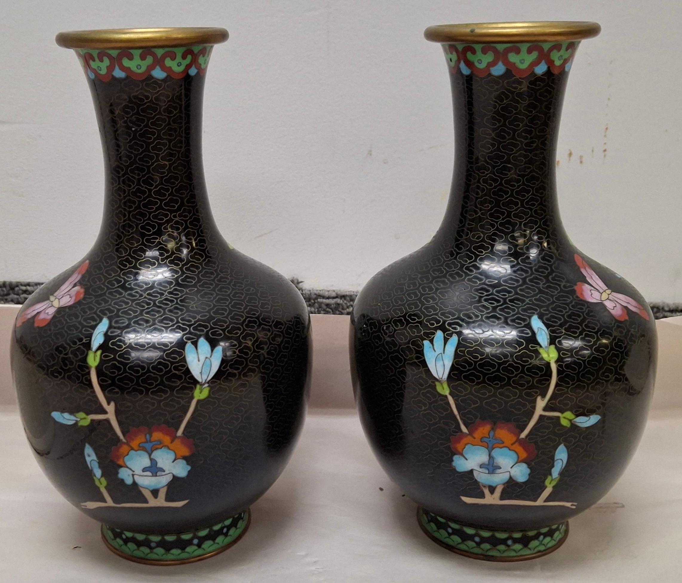 Enameled Pair of Chinese Cloisonne Enamel Vases For Sale
