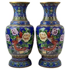 Coppia di vasi cinesi in smalto cloisonne con volute floreali in oro