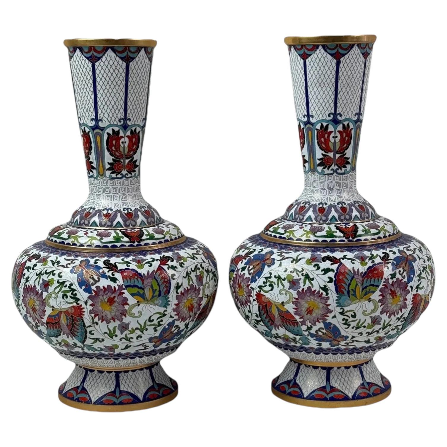 Pair of Chinese Cloisonne Enamel Vases Lotus White and Floral Butterflies