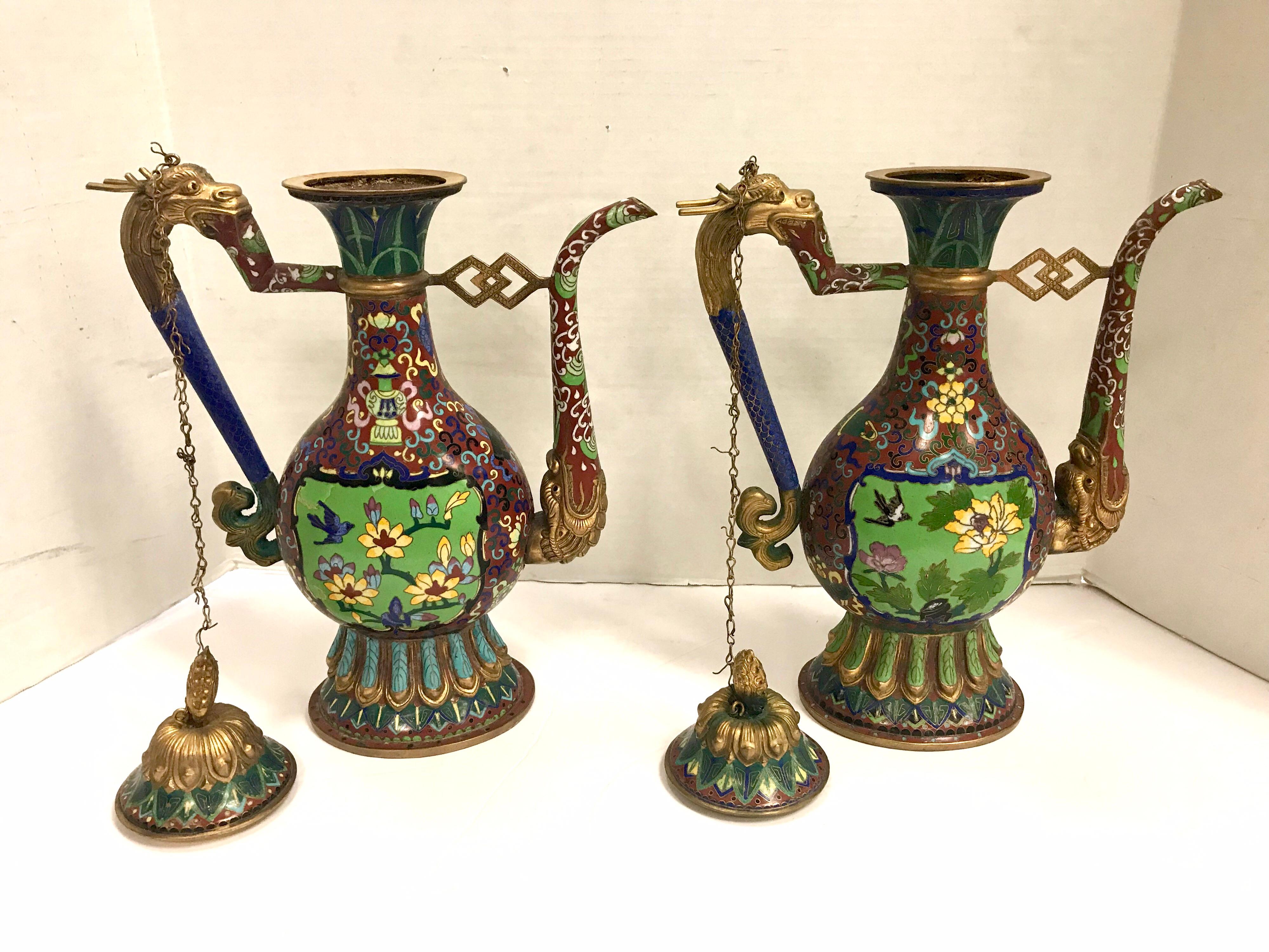 Mid-20th Century Pair of Chinese Cloisonné Ewers Pitchers Decanters