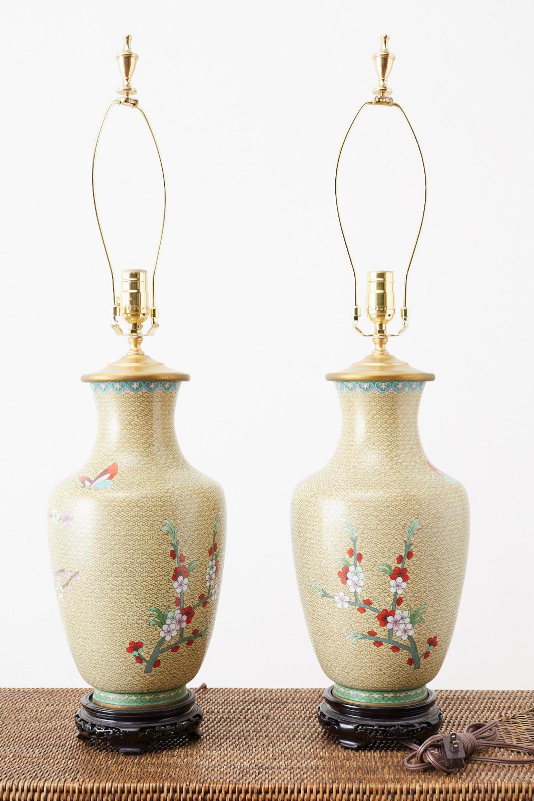 Pair of Chinese Cloisonne Floral Vases Mounted as Lamps 4