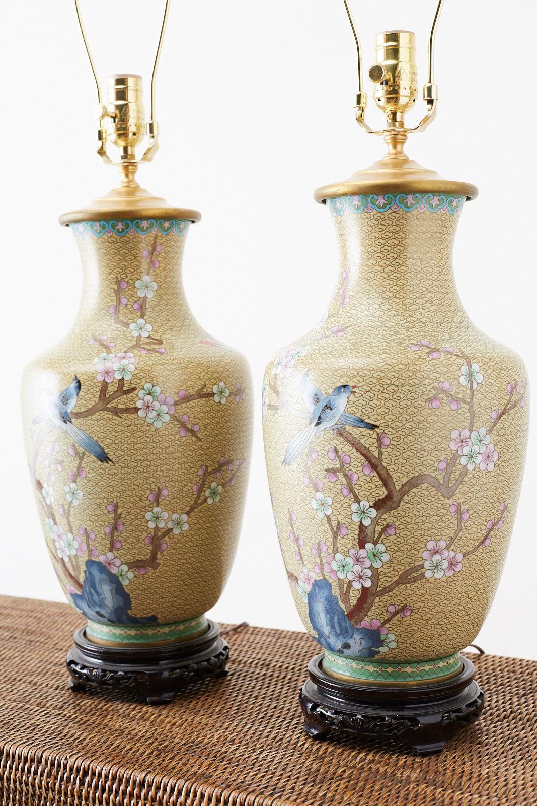 Hand-Crafted Pair of Chinese Cloisonne Floral Vases Mounted as Lamps