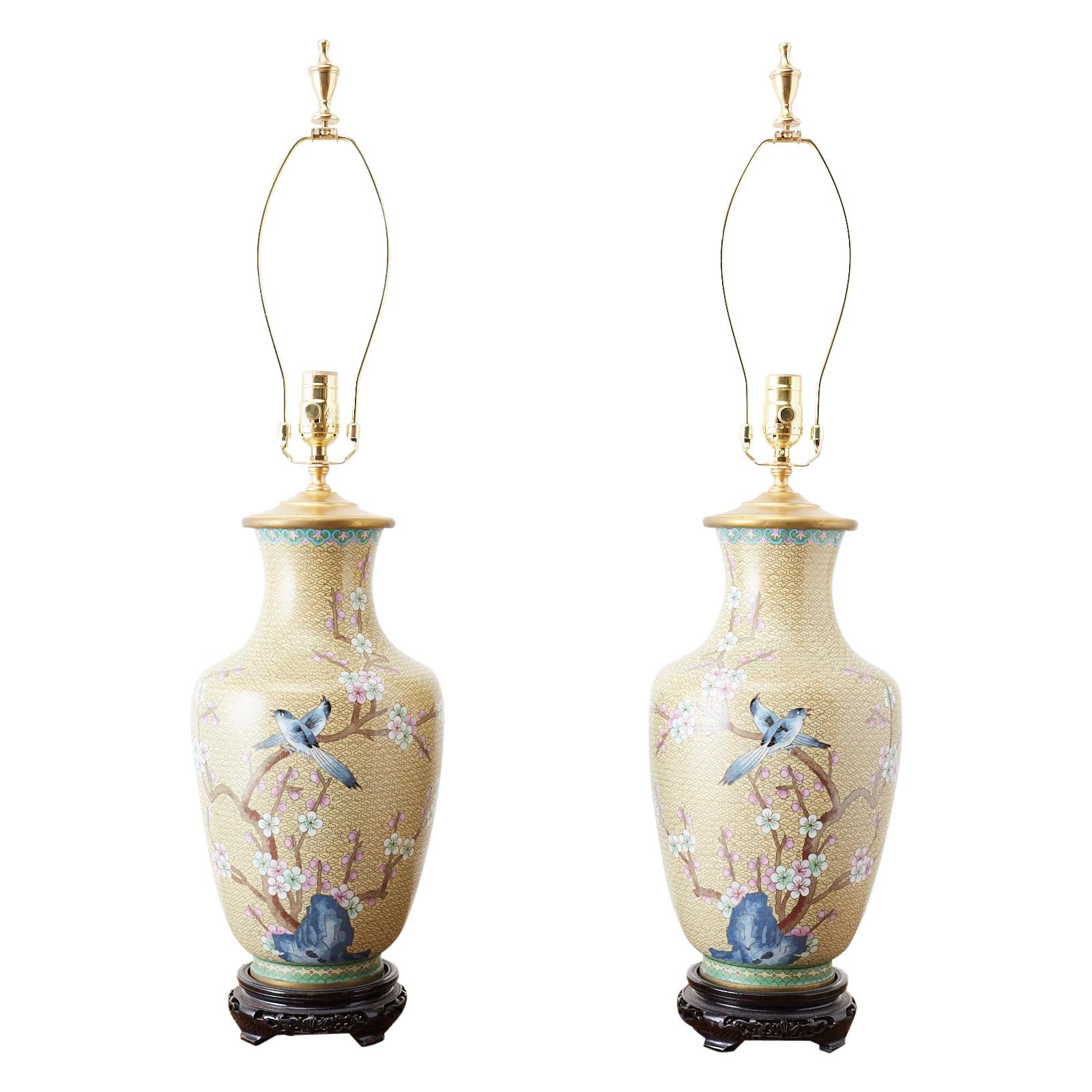 Pair of Chinese Cloisonne Floral Vases Mounted as Lamps