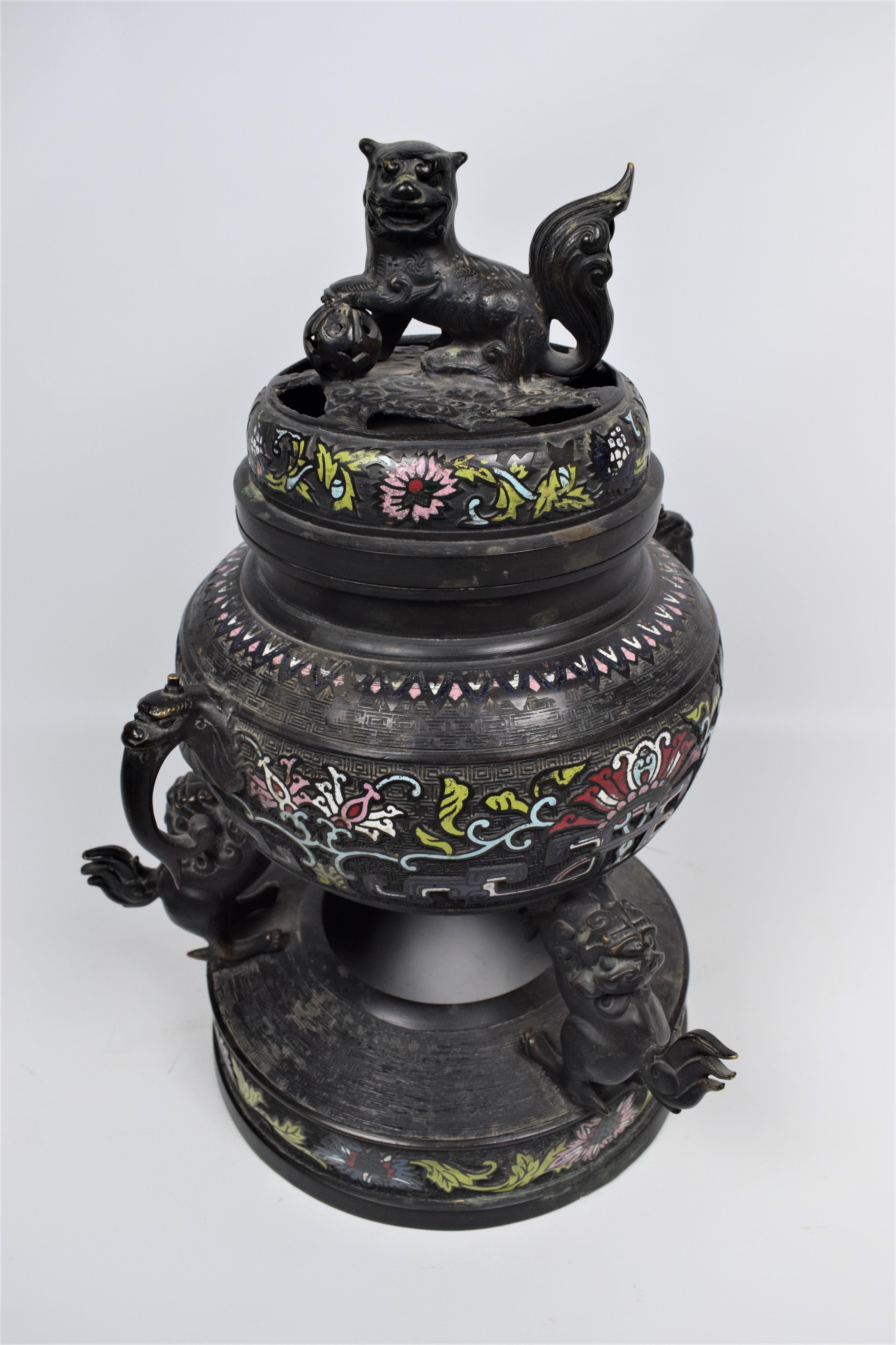 Enameled Pair Of Chinese Cloisonne Gilt Bronze Dragon Incense Burners, Late 19th Century For Sale