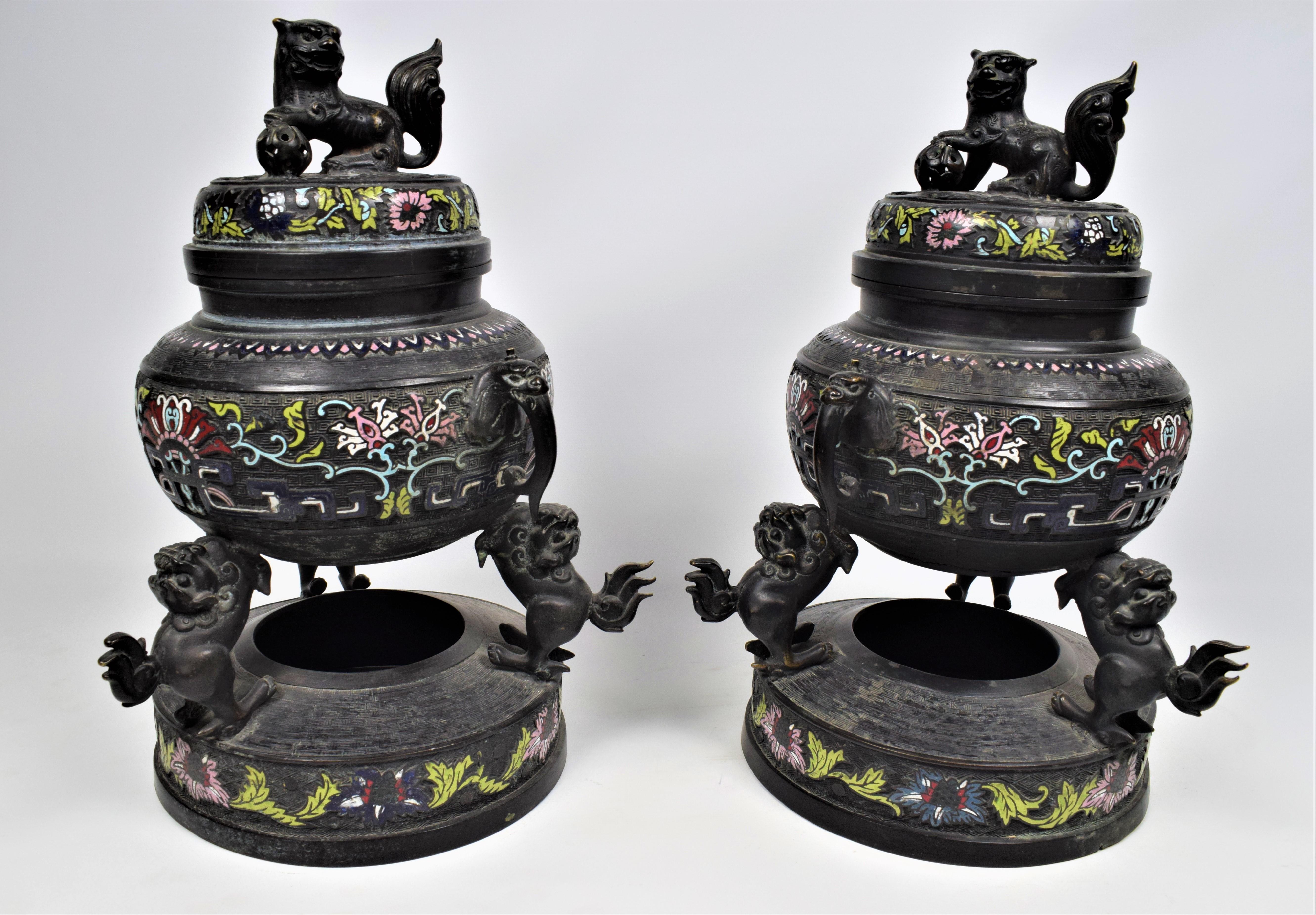 Pair Of Chinese Cloisonne Gilt Bronze Dragon Incense Burners, Late 19th Century In Good Condition For Sale In Islamabad, PK