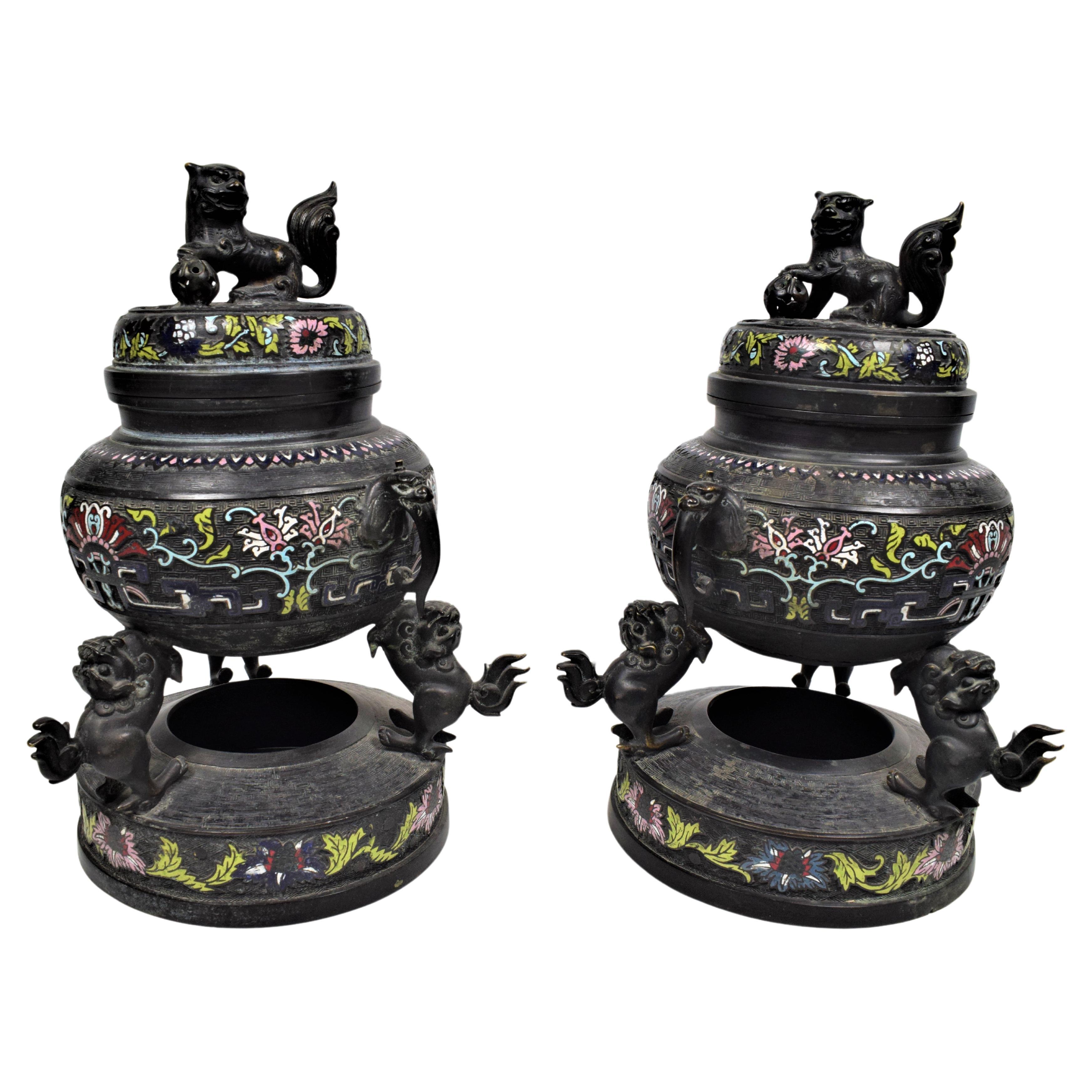 Pair Of Chinese Cloisonne Gilt Bronze Dragon Incense Burners, Late 19th Century For Sale