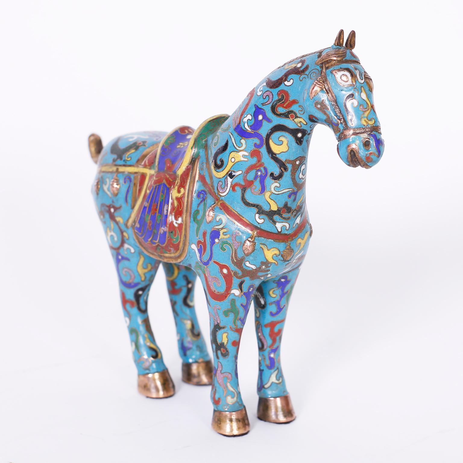 Chinoiserie Pair of Chinese Cloisonné Horses