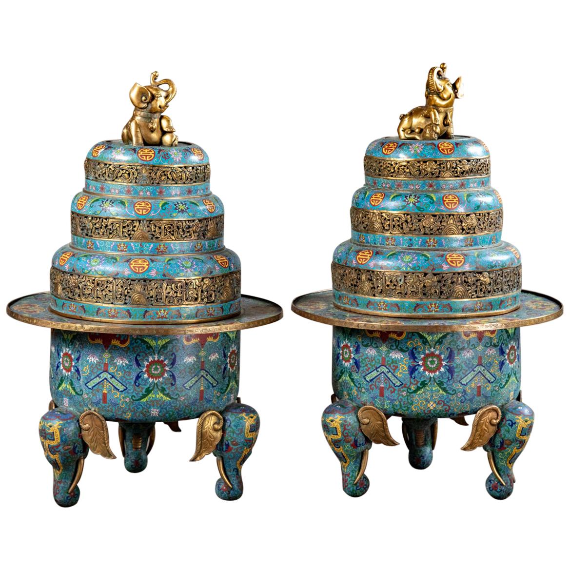 Pair of Chinese Cloisonné Large Incense Burners