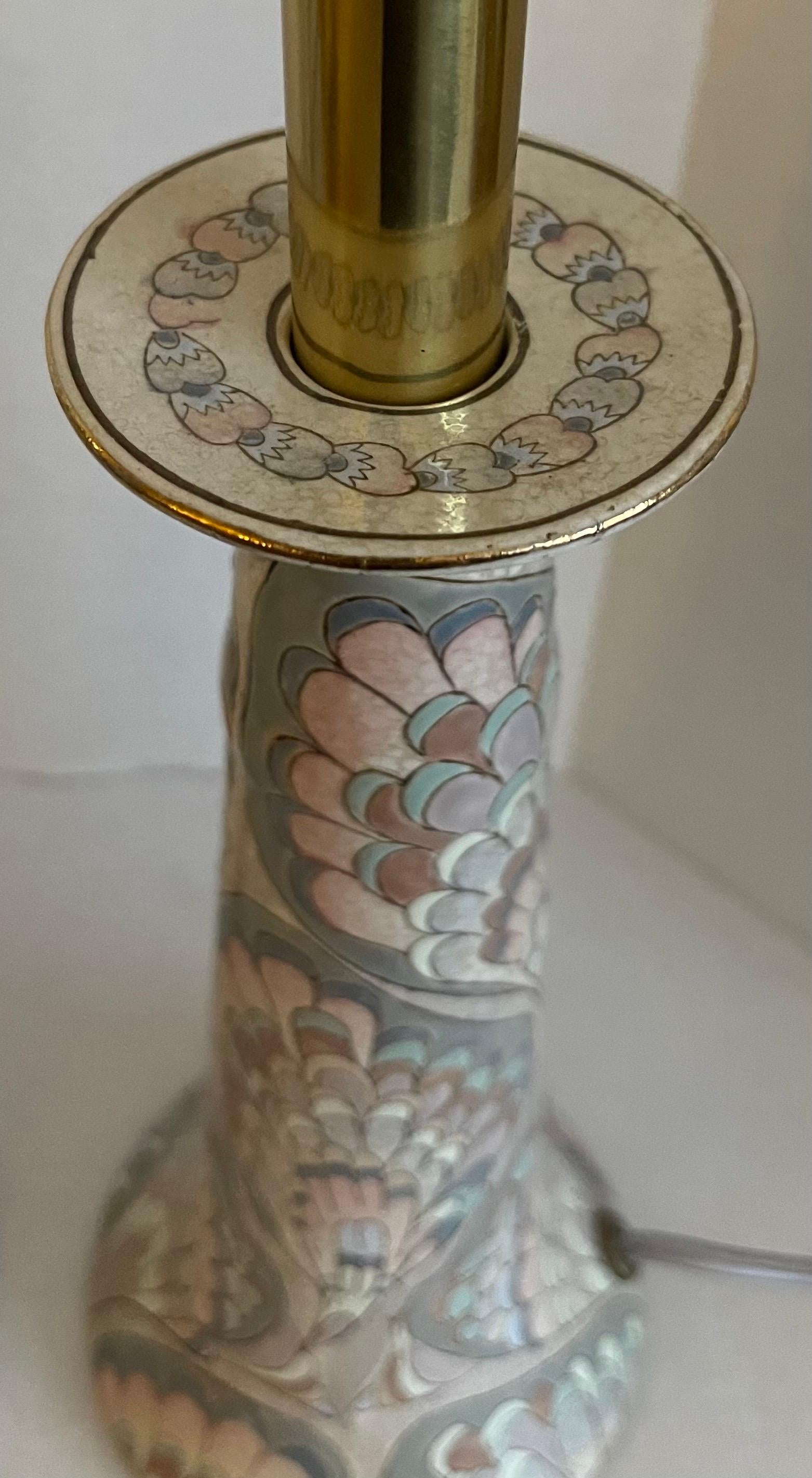 Cloissoné Pair of Chinese Cloisonné Marbleized Ceramic Candlestick Lamps