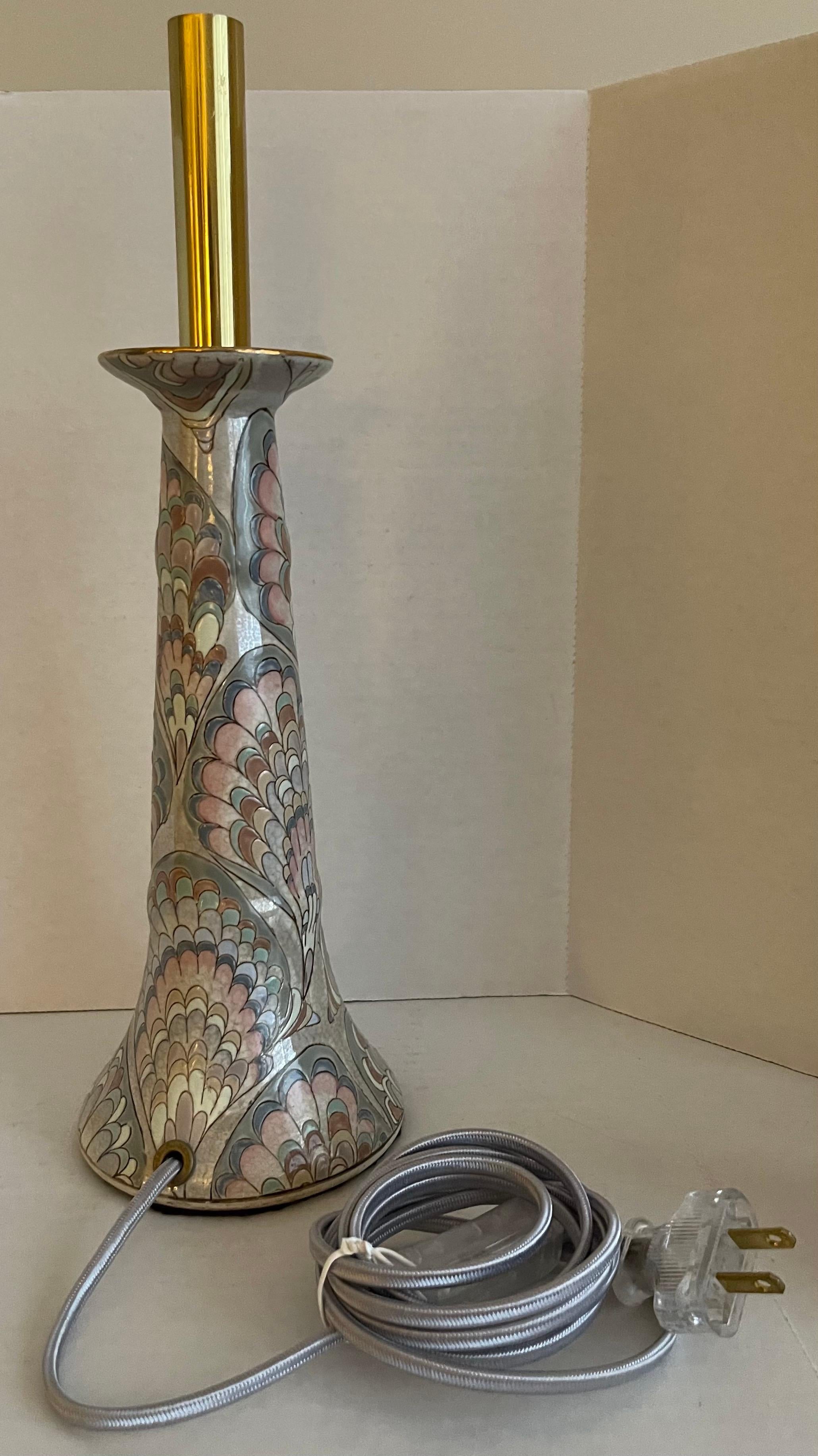 Pair of Chinese Cloisonné Marbleized Ceramic Candlestick Lamps In Excellent Condition In Stamford, CT
