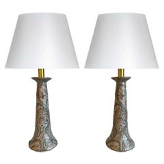 Pair of Chinese Cloisonné Marbleized Ceramic Candlestick Lamps