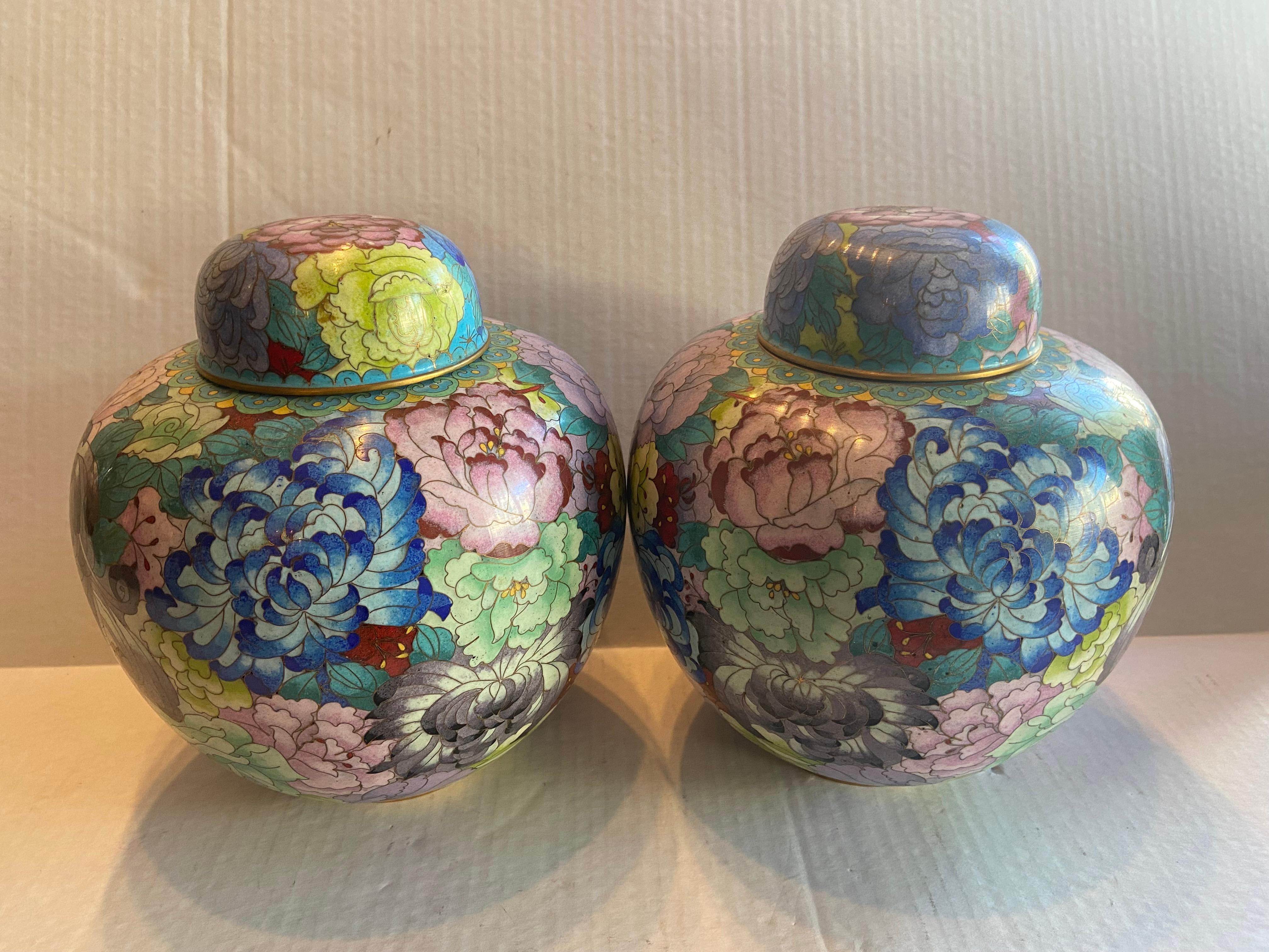 Chinese Export Pair of Chinese Cloisonné Mille Fleur Jars with Lids