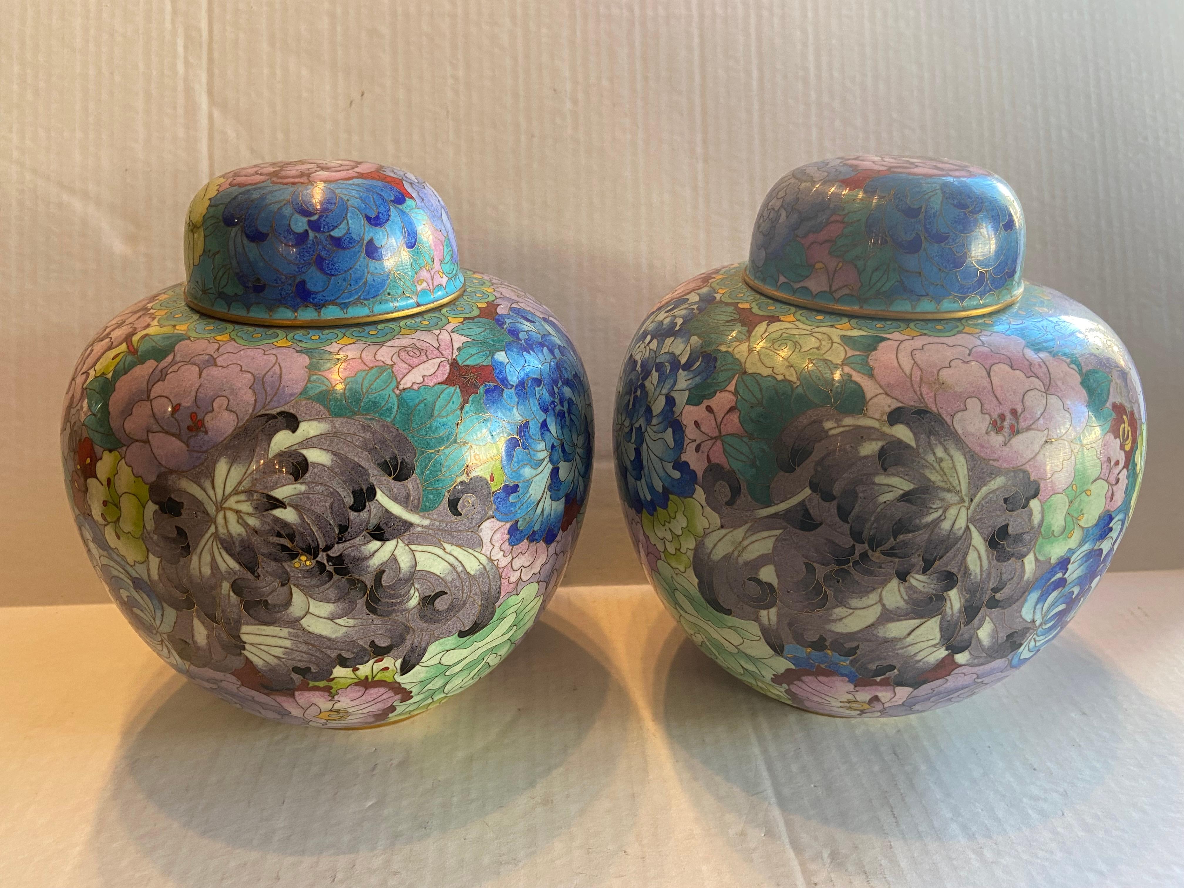 Cloissoné Pair of Chinese Cloisonné Mille Fleur Jars with Lids