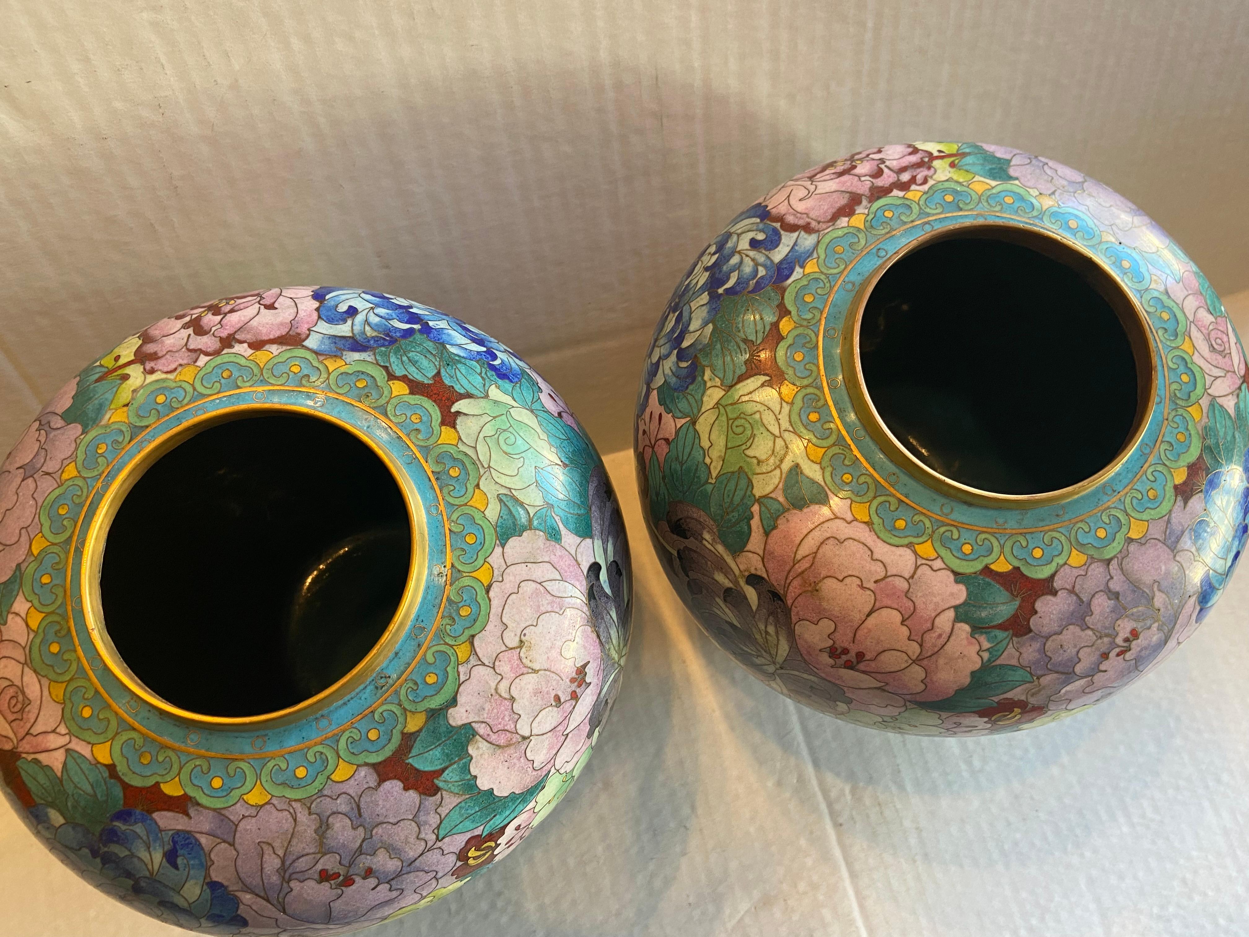 Enamel Pair of Chinese Cloisonné Mille Fleur Jars with Lids