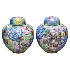 Pair of Chinese Cloisonné Mille Fleur Jars with Lids