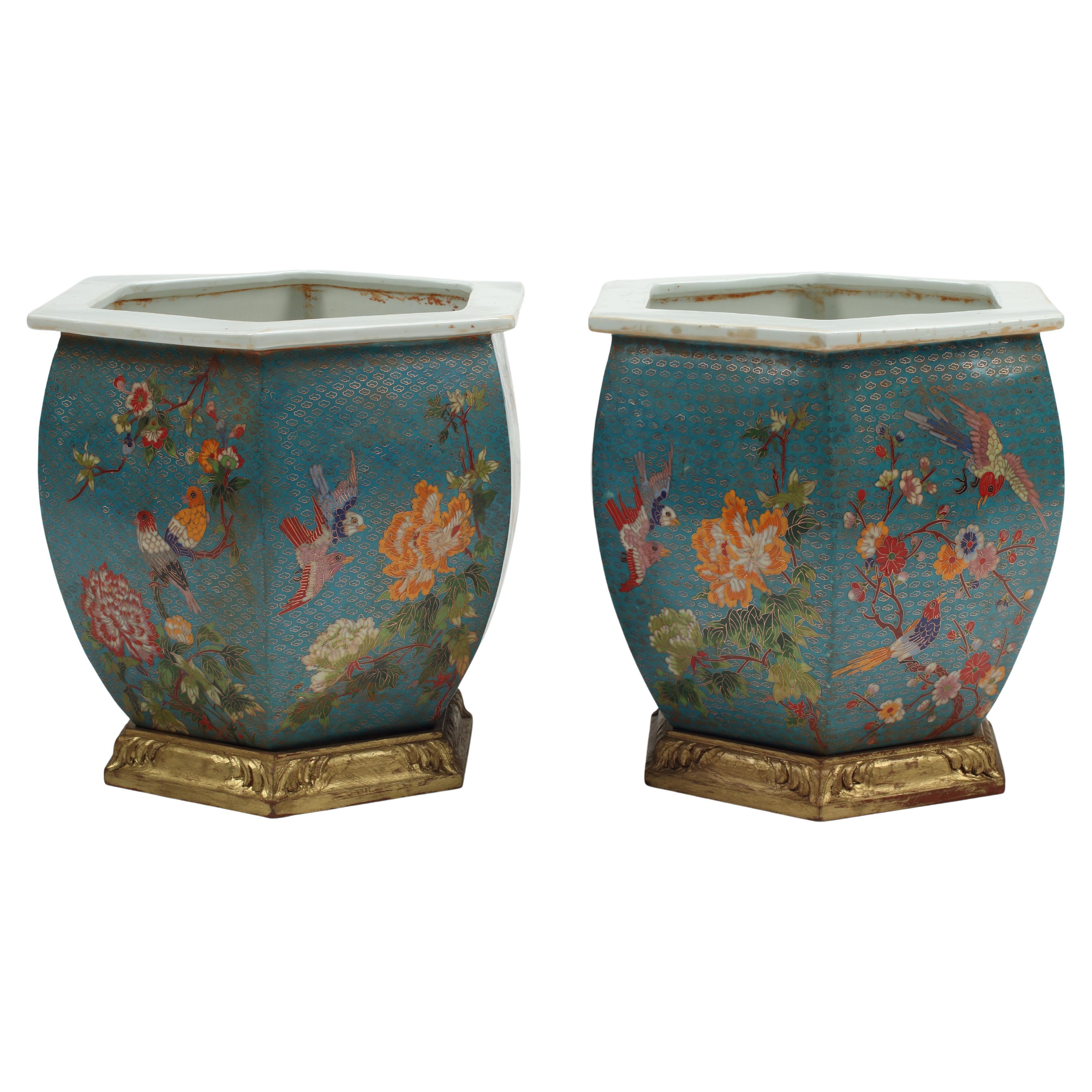 Pair of Chinese Cloisonné Over Porcelain Octagonal Planters on Gilt Wood Bases