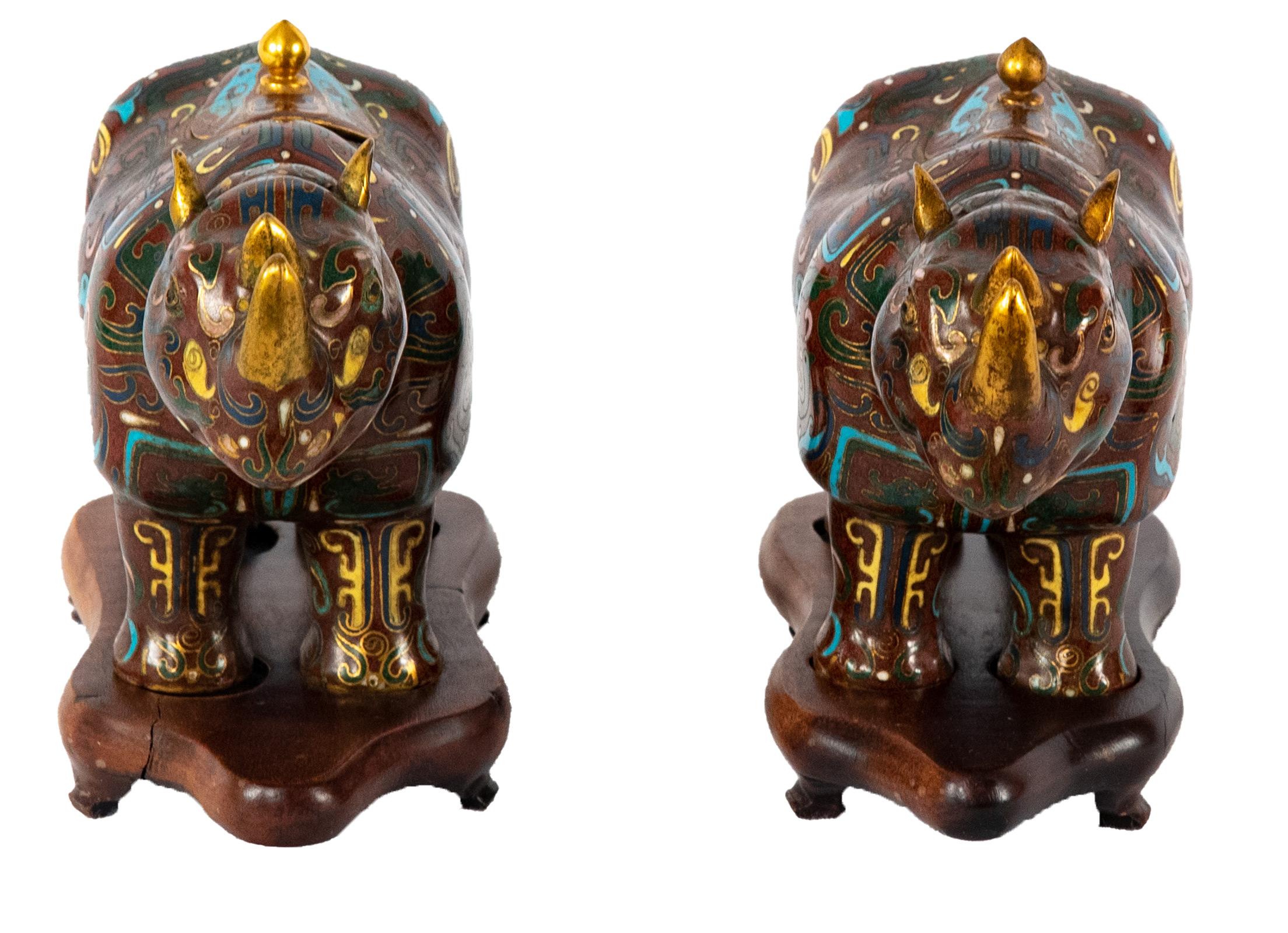 19th Century Pair of Chinese Cloisonné Rhinoceros-form Water Pots, Qing Dynasty For Sale
