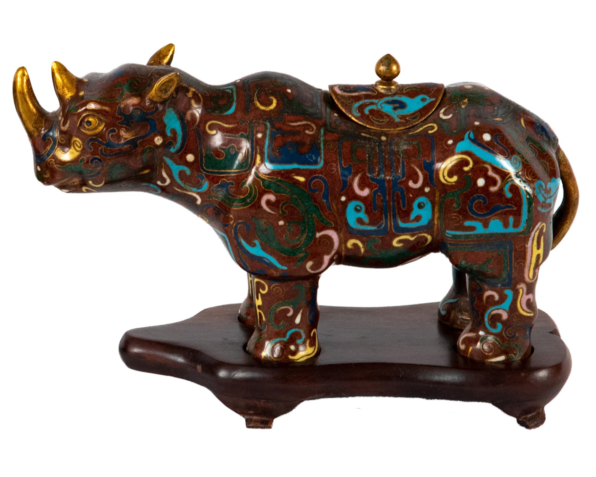 Brass Pair of Chinese Cloisonné Rhinoceros-form Water Pots, Qing Dynasty For Sale