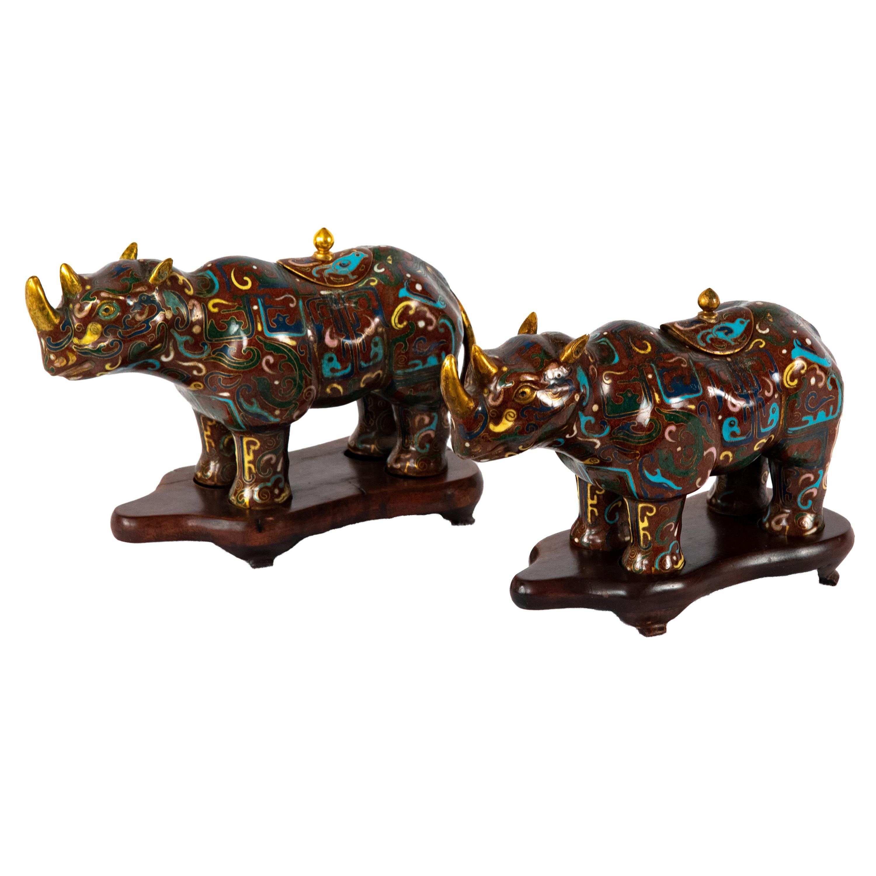 Pair of Chinese Cloisonné Rhinoceros-form Water Pots, Qing Dynasty For Sale