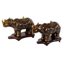 Pair of Chinese Cloisonné Rhinoceros-form Water Pots, Qing Dynasty