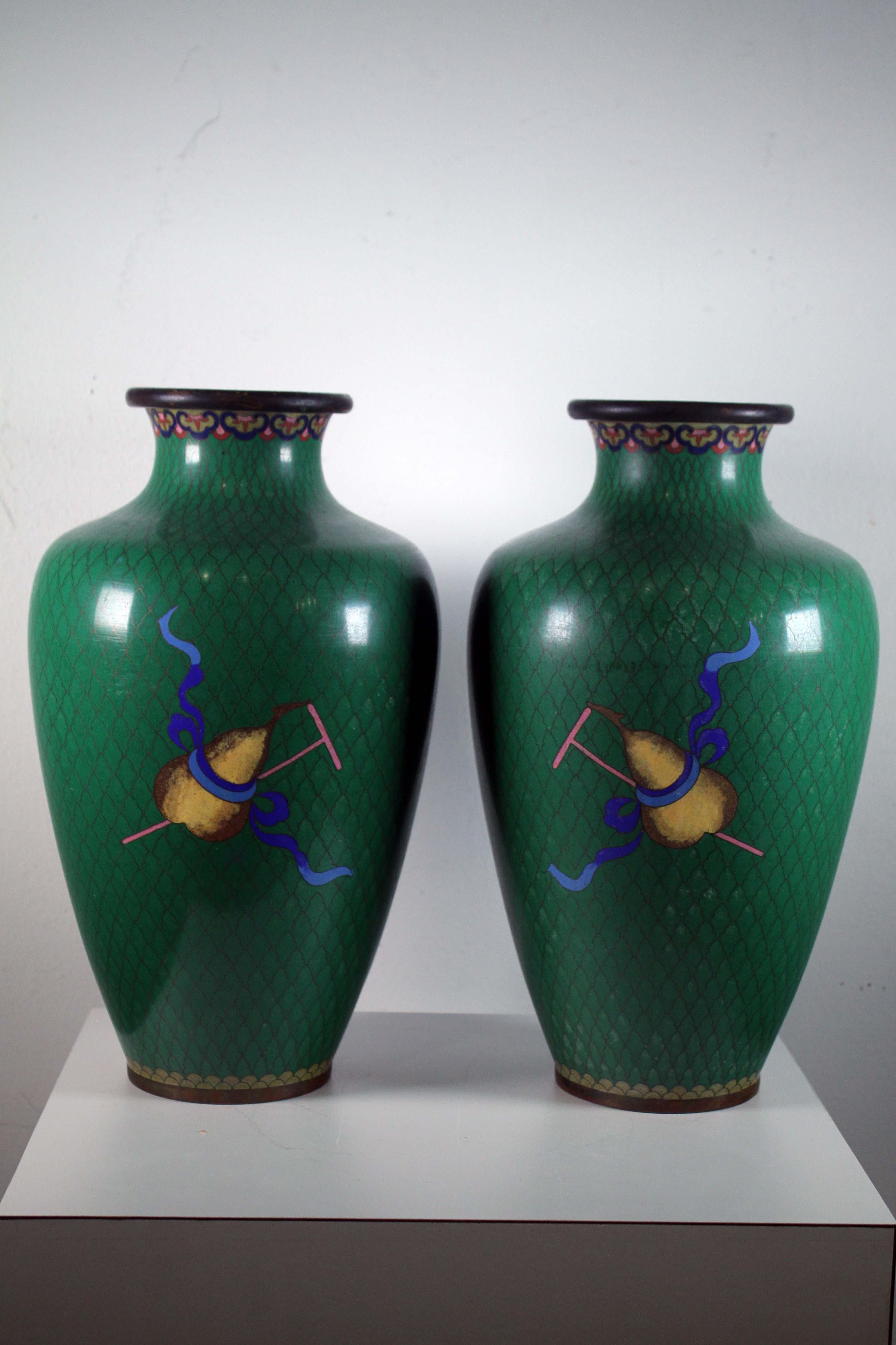 Pair of Chinese Cloisonne Vases Floral Design with Scolls & Gourd Green Art Deco In Good Condition For Sale In Keego Harbor, MI