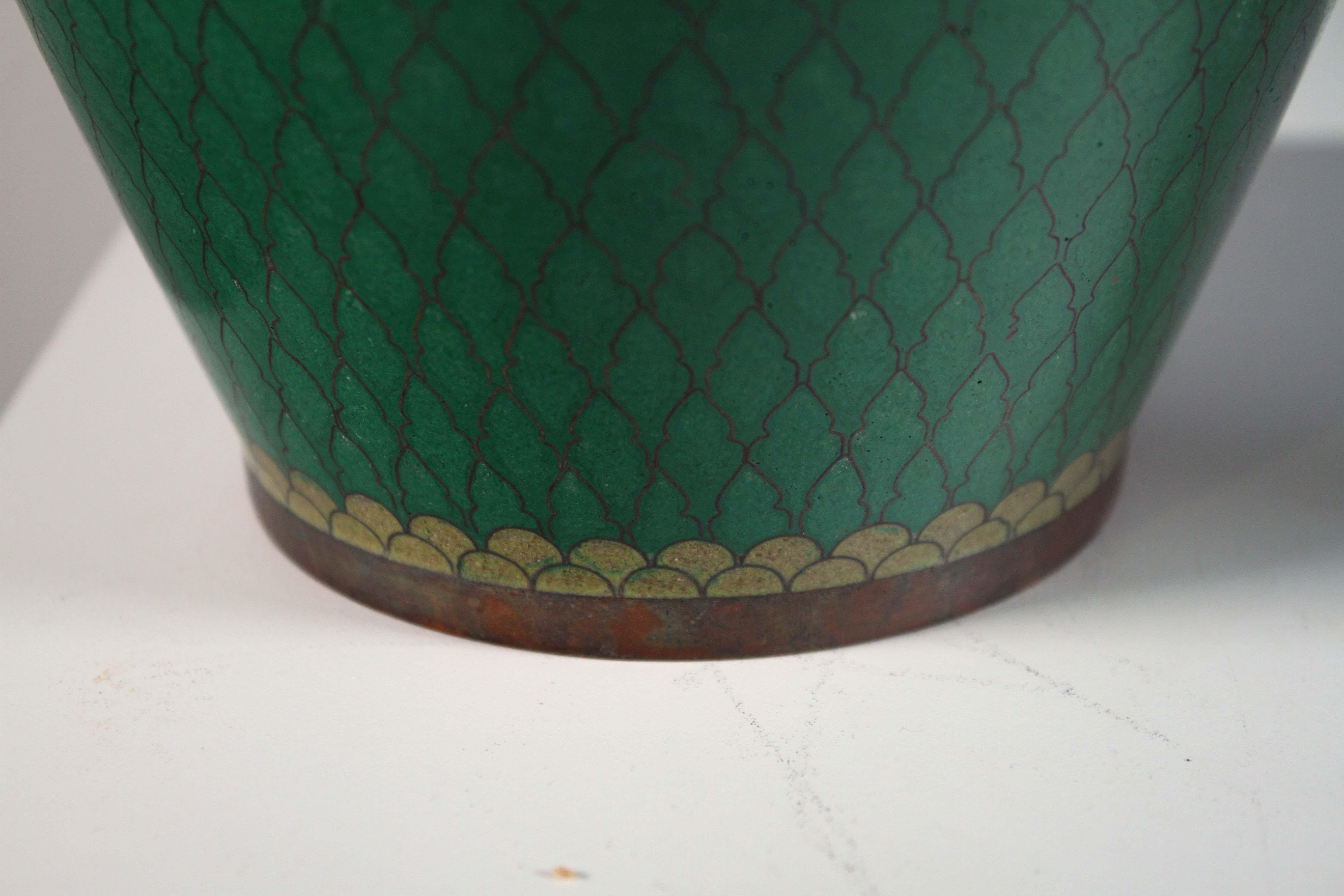 Metal Pair of Chinese Cloisonne Vases Floral Design with Scolls & Gourd Green Art Deco