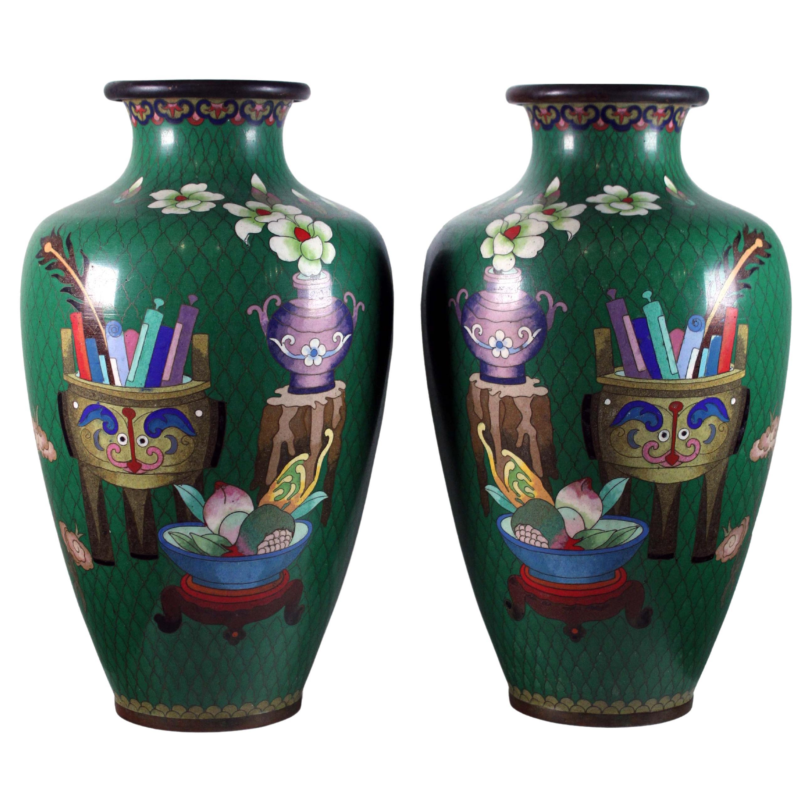 Pair of Chinese Cloisonne Vases Floral Design with Scolls & Gourd Green Art Deco For Sale