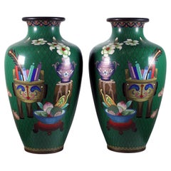 Pair of Chinese Cloisonne Vases Floral Design with Scolls & Gourd Green Art Deco