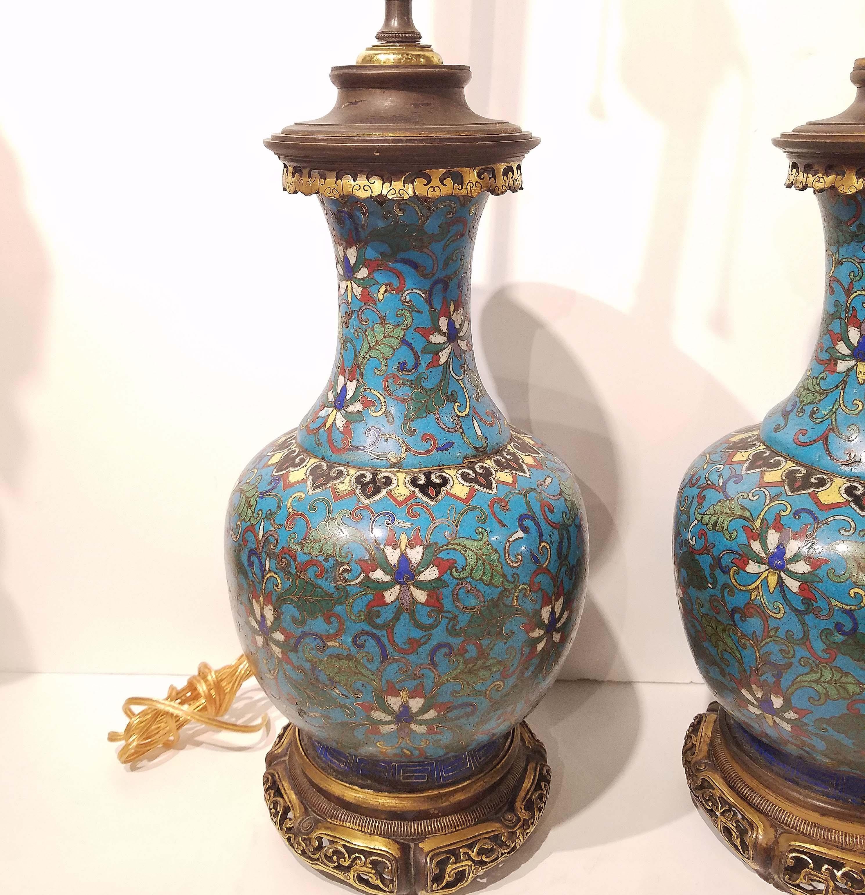 Ming Pair of Chinese Cloisonné Vases Made into Lamps, 18th Century
