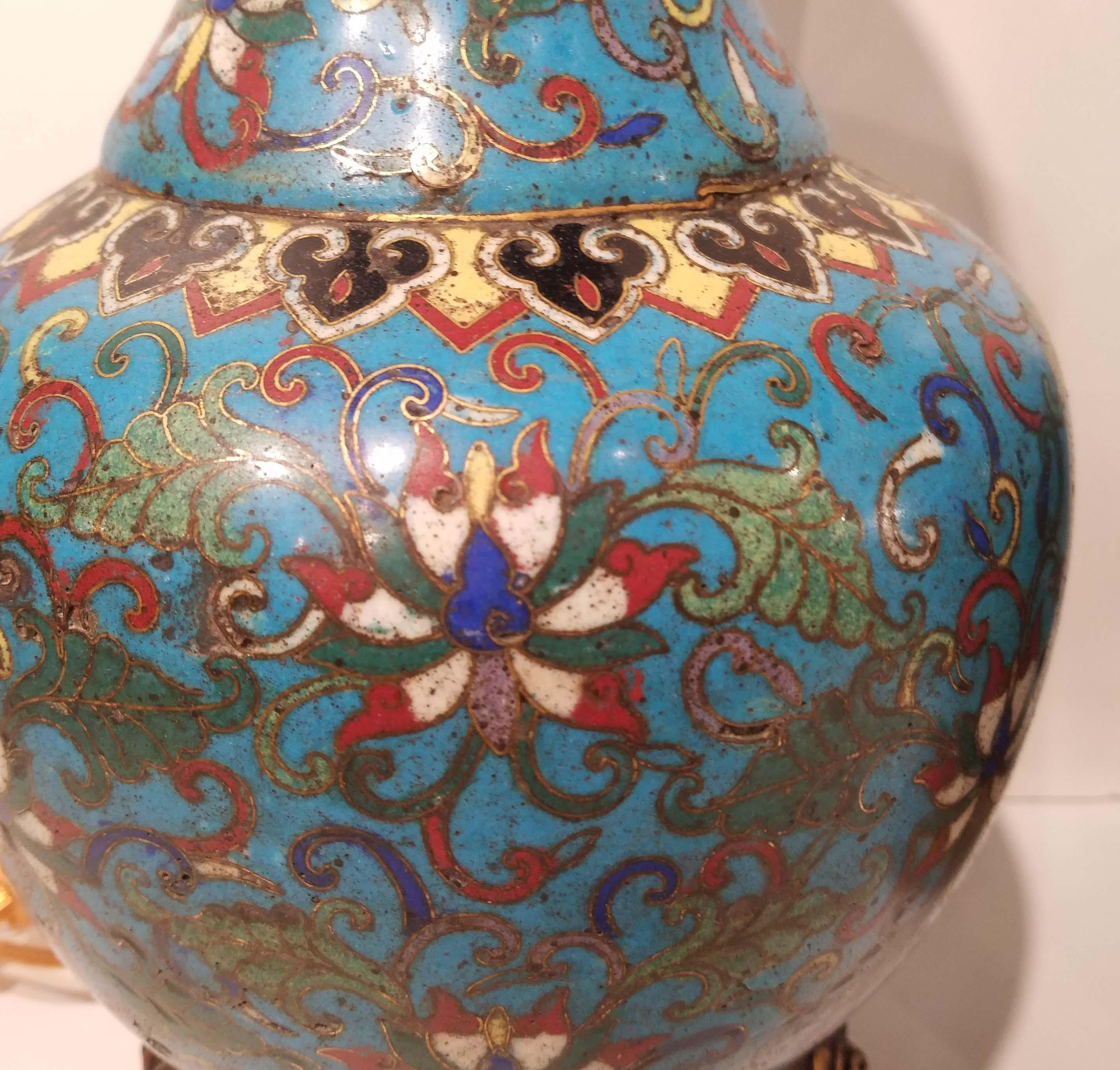 Enameled Pair of Chinese Cloisonné Vases Made into Lamps, 18th Century