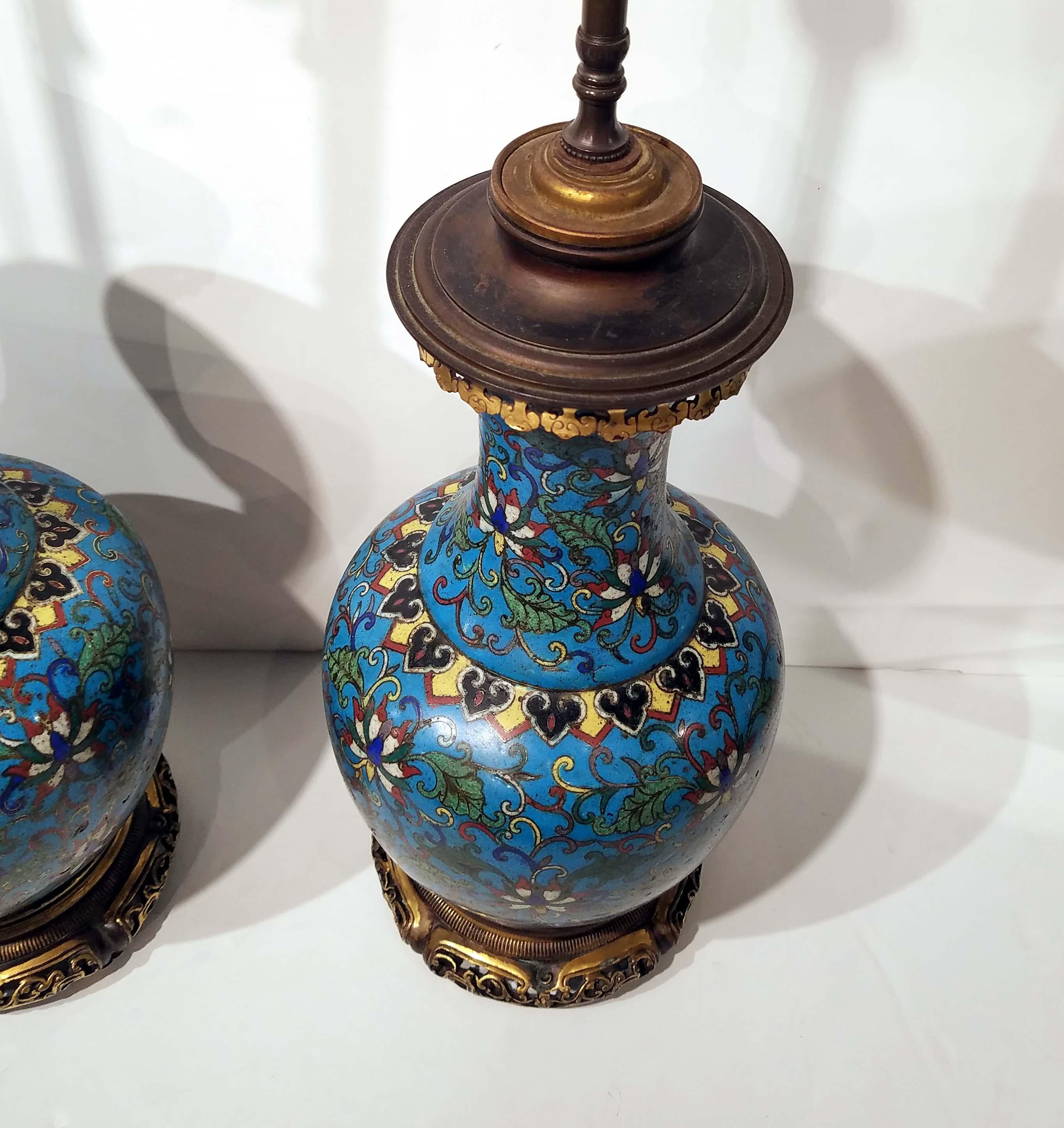 Pair of Chinese Cloisonné Vases Made into Lamps, 18th Century In Good Condition In New York, NY