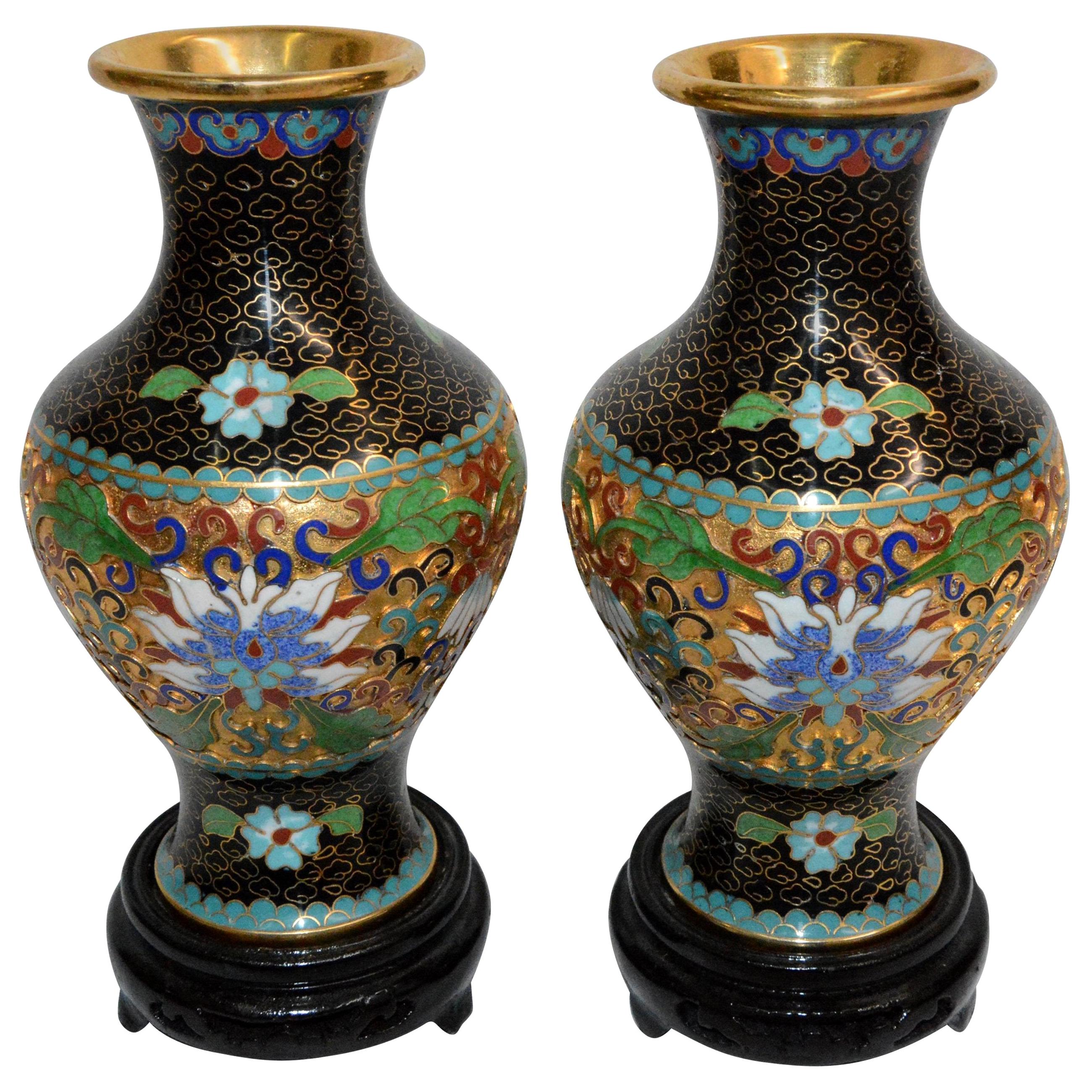 Pair of Chinese Cloisonné Vases on Lacquered Wooden Stands For Sale