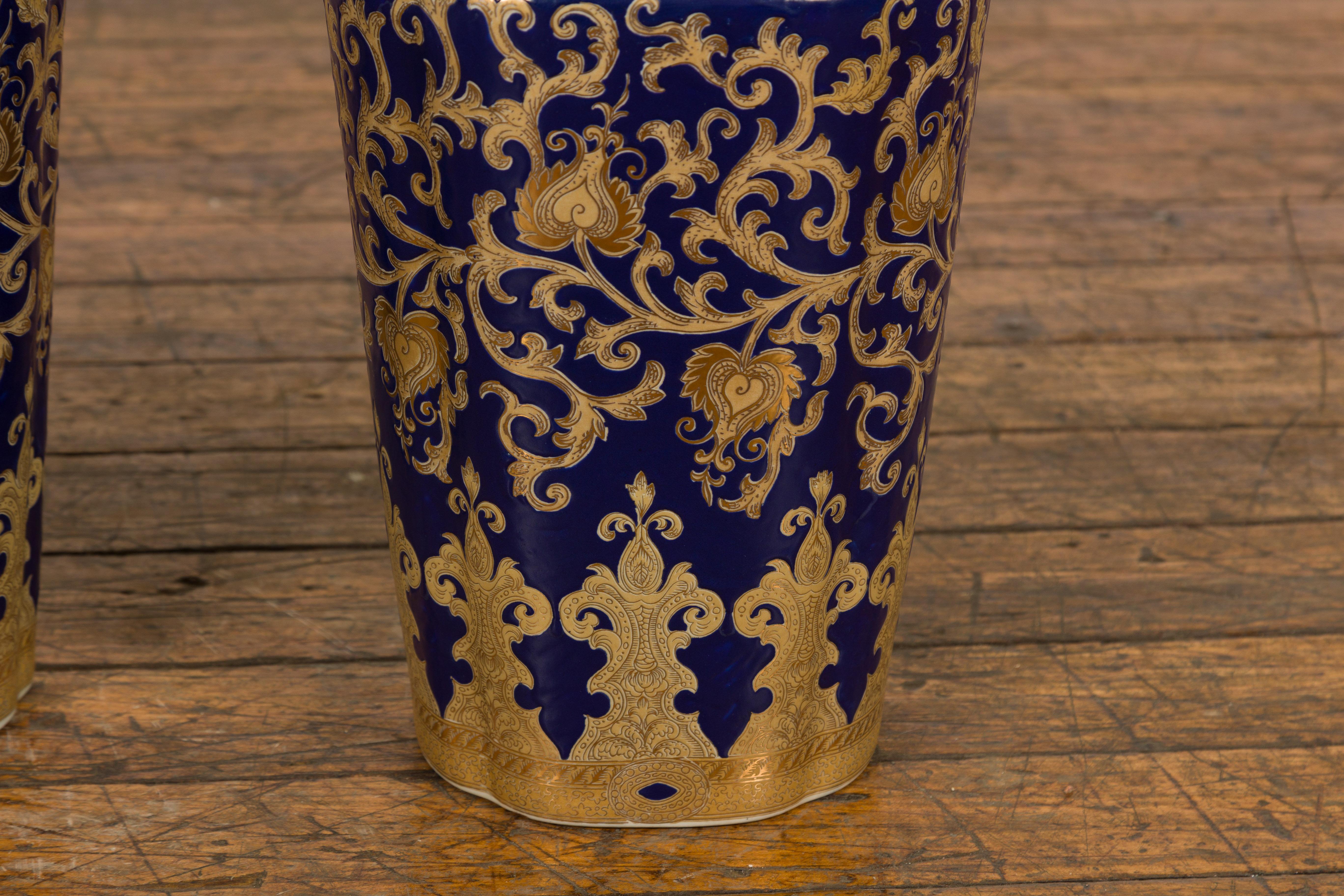 Pair of Dark Blue and Gold Vintage Vases with Intricate Design For Sale 2