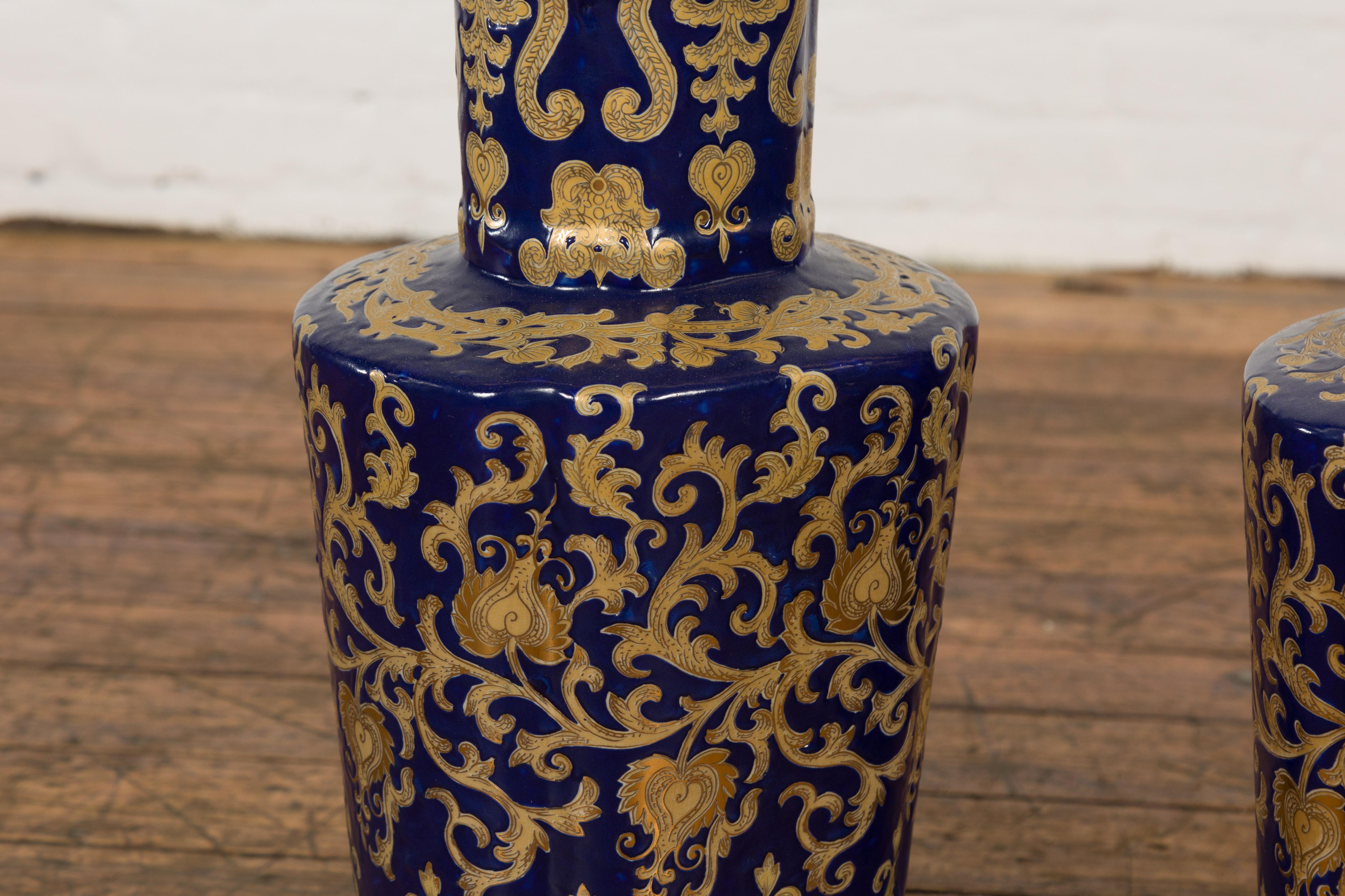 Pair of Dark Blue and Gold Vintage Vases with Intricate Design For Sale 3
