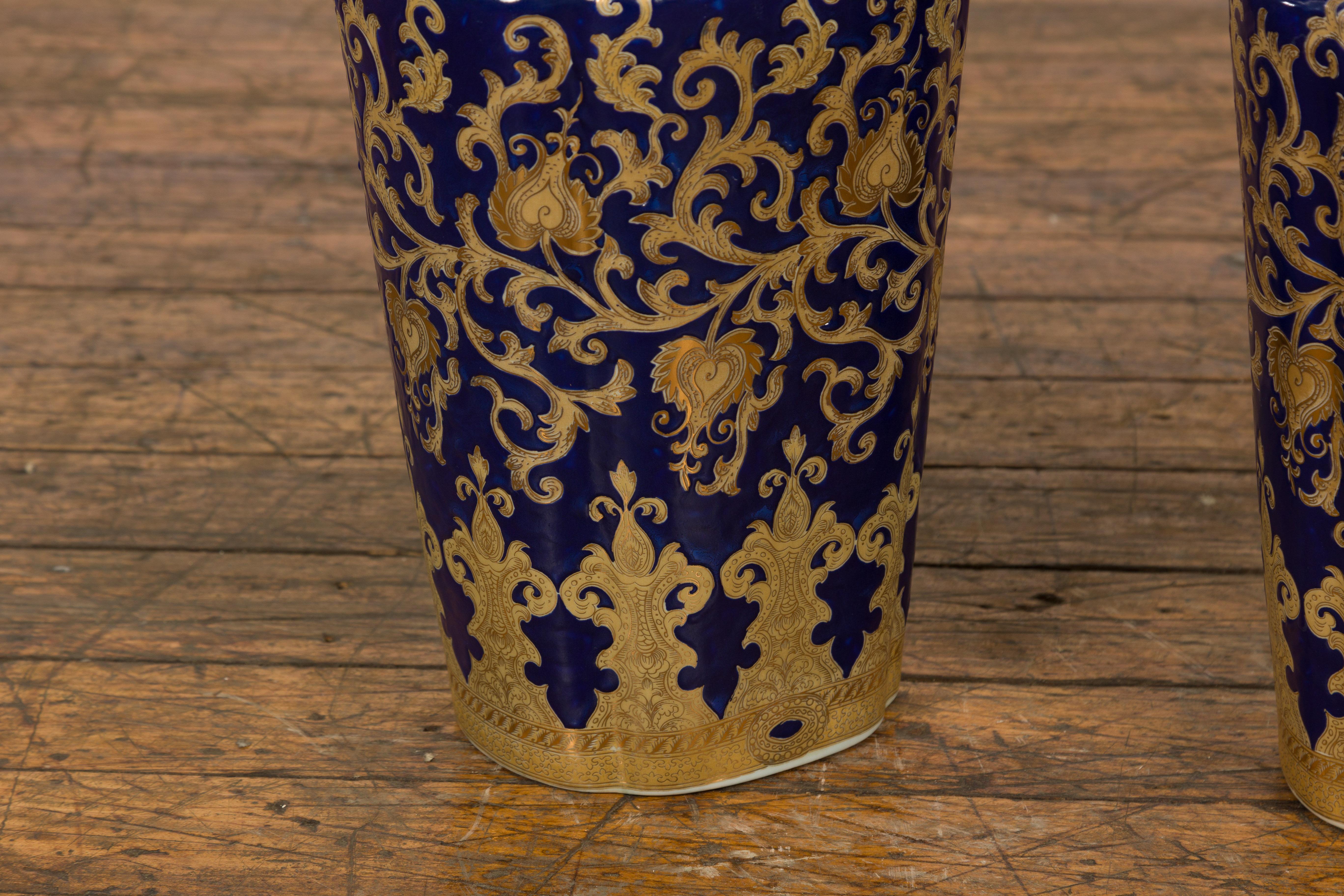 Pair of Dark Blue and Gold Vintage Vases with Intricate Design For Sale 4