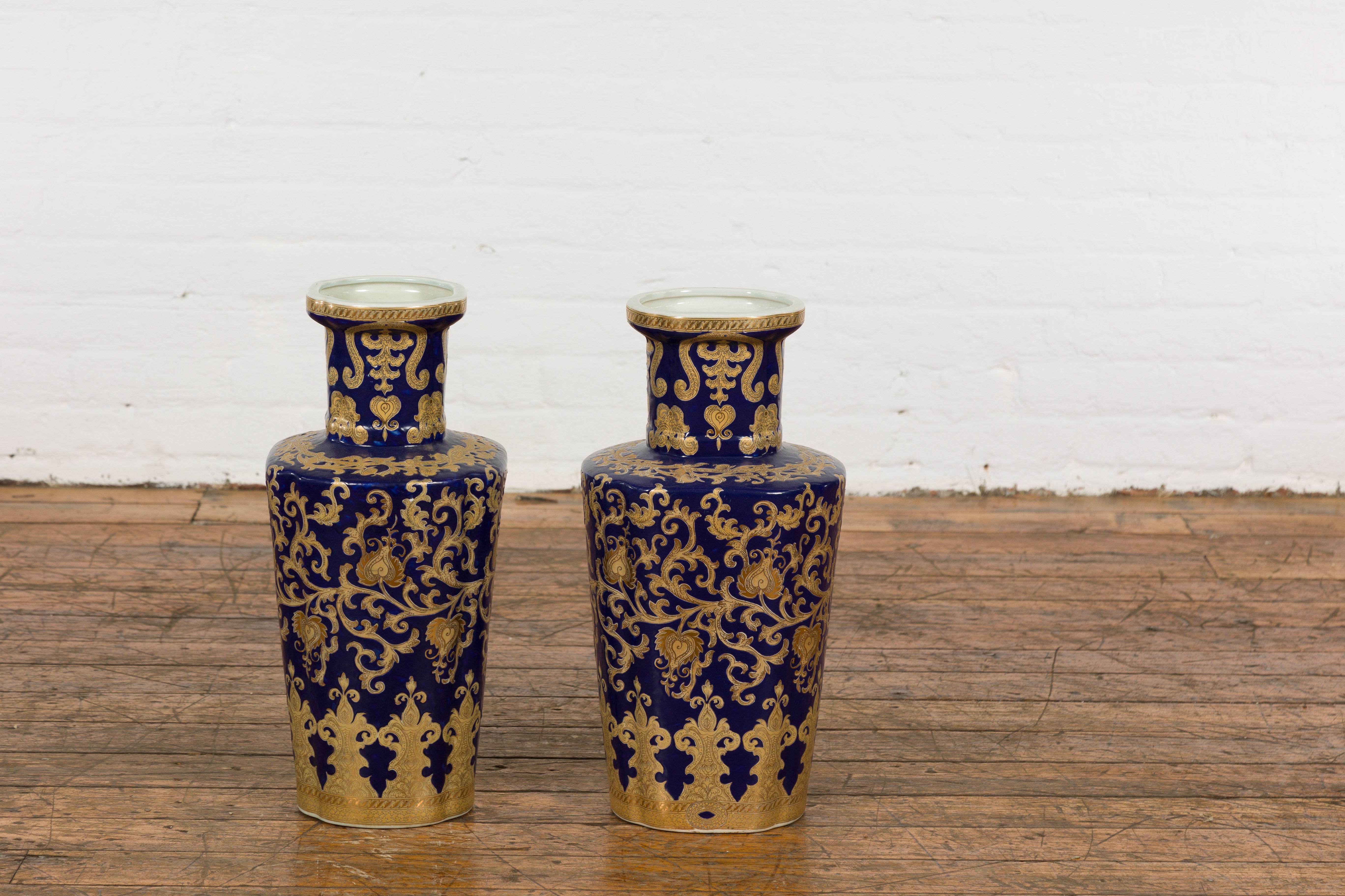Pair of Dark Blue and Gold Vintage Vases with Intricate Design For Sale 8