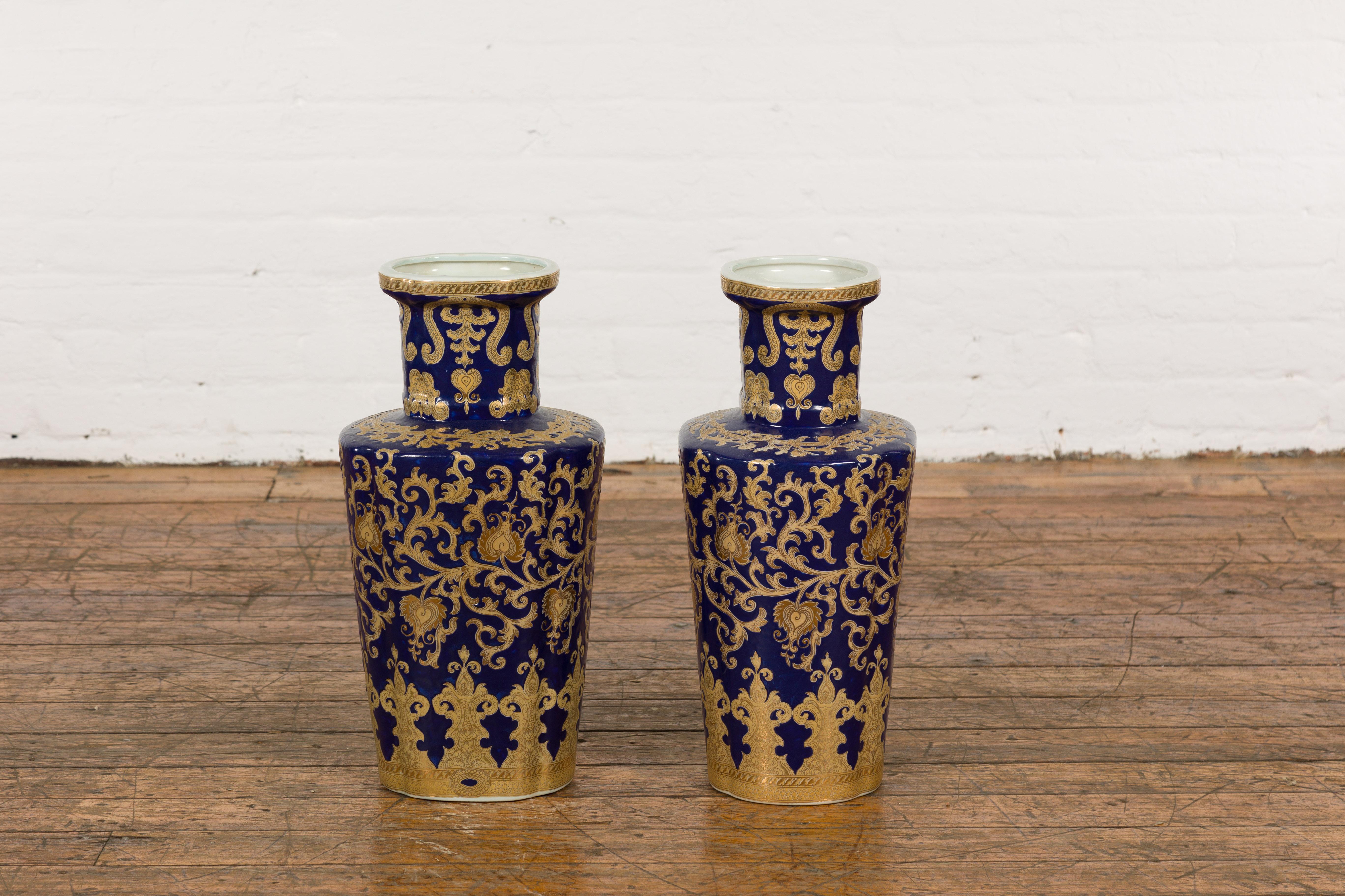 Pair of Dark Blue and Gold Vintage Vases with Intricate Design For Sale 9