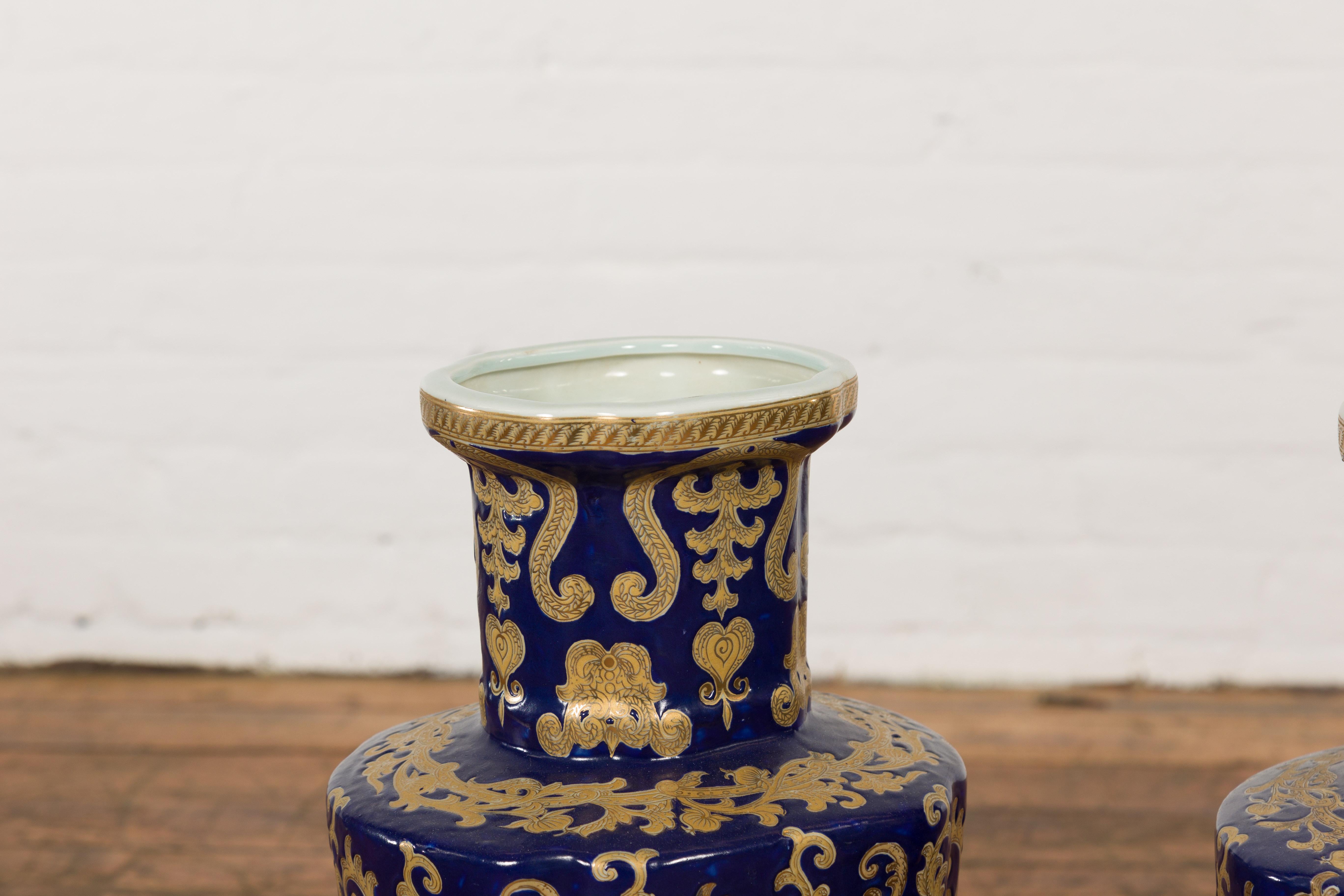 Pair of Dark Blue and Gold Vintage Vases with Intricate Design In Good Condition For Sale In Yonkers, NY