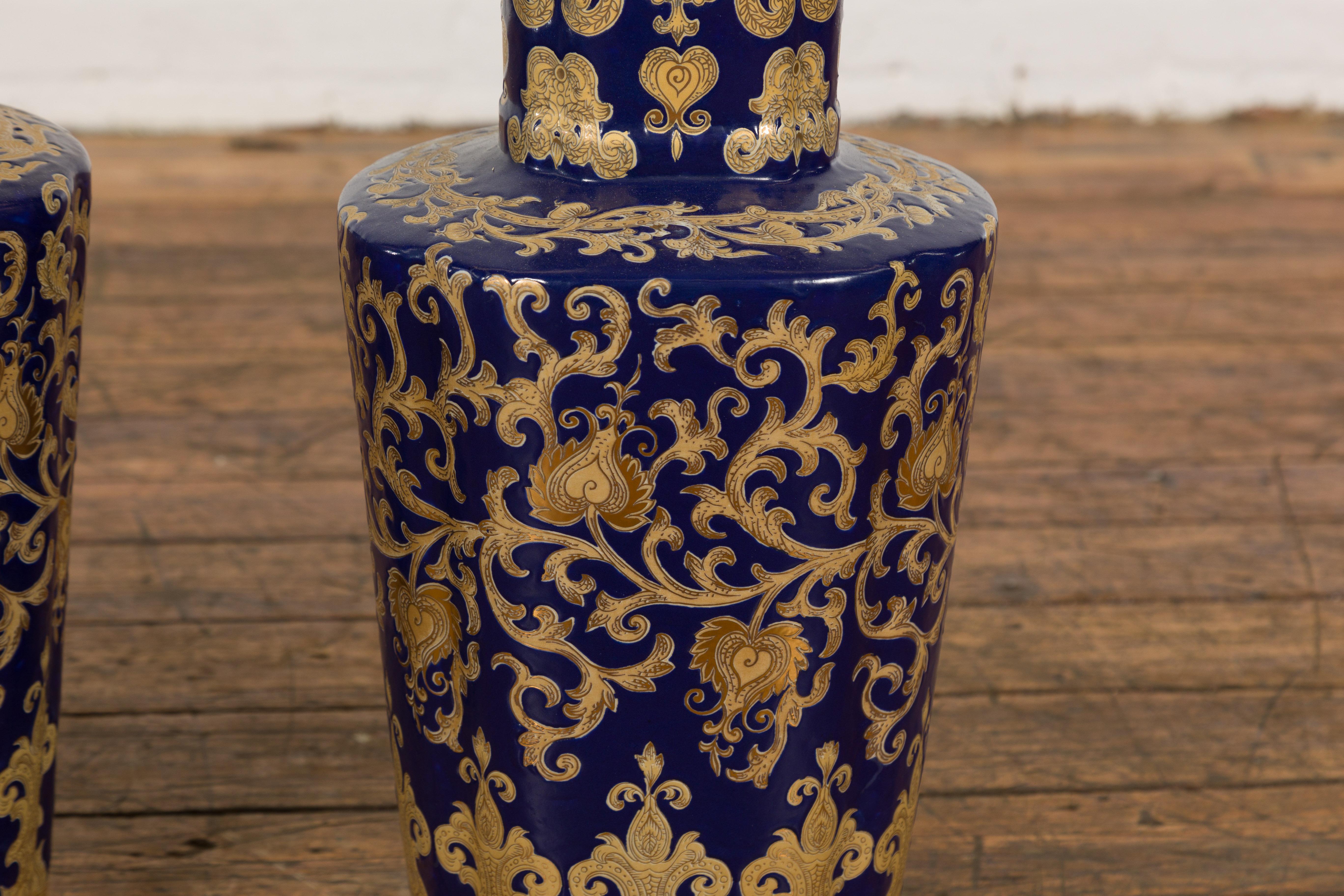 Pair of Dark Blue and Gold Vintage Vases with Intricate Design For Sale 1