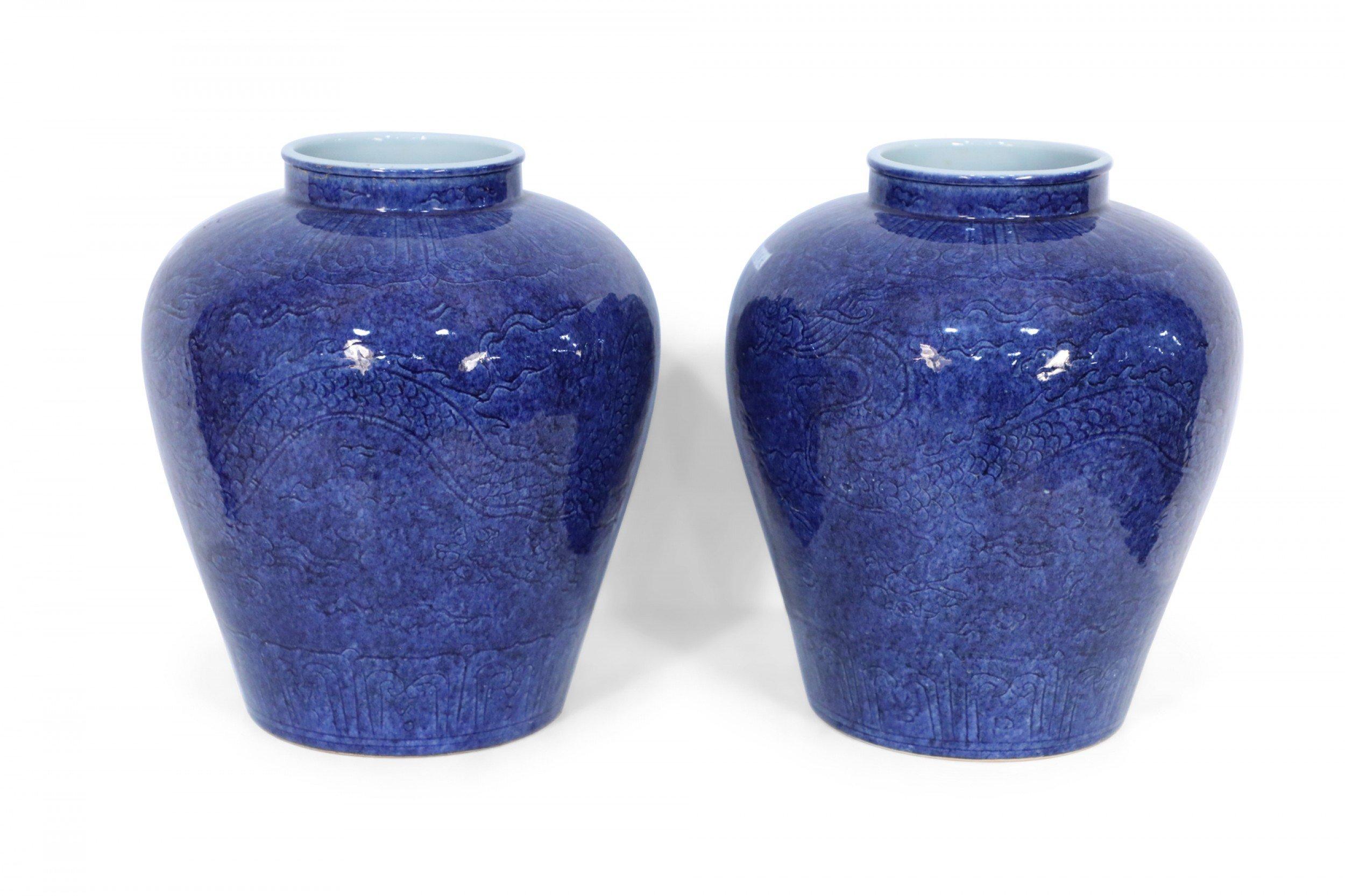 Chinese Export Pair of Chinese Cobalt Blue and Incised Dragon Motif Vases