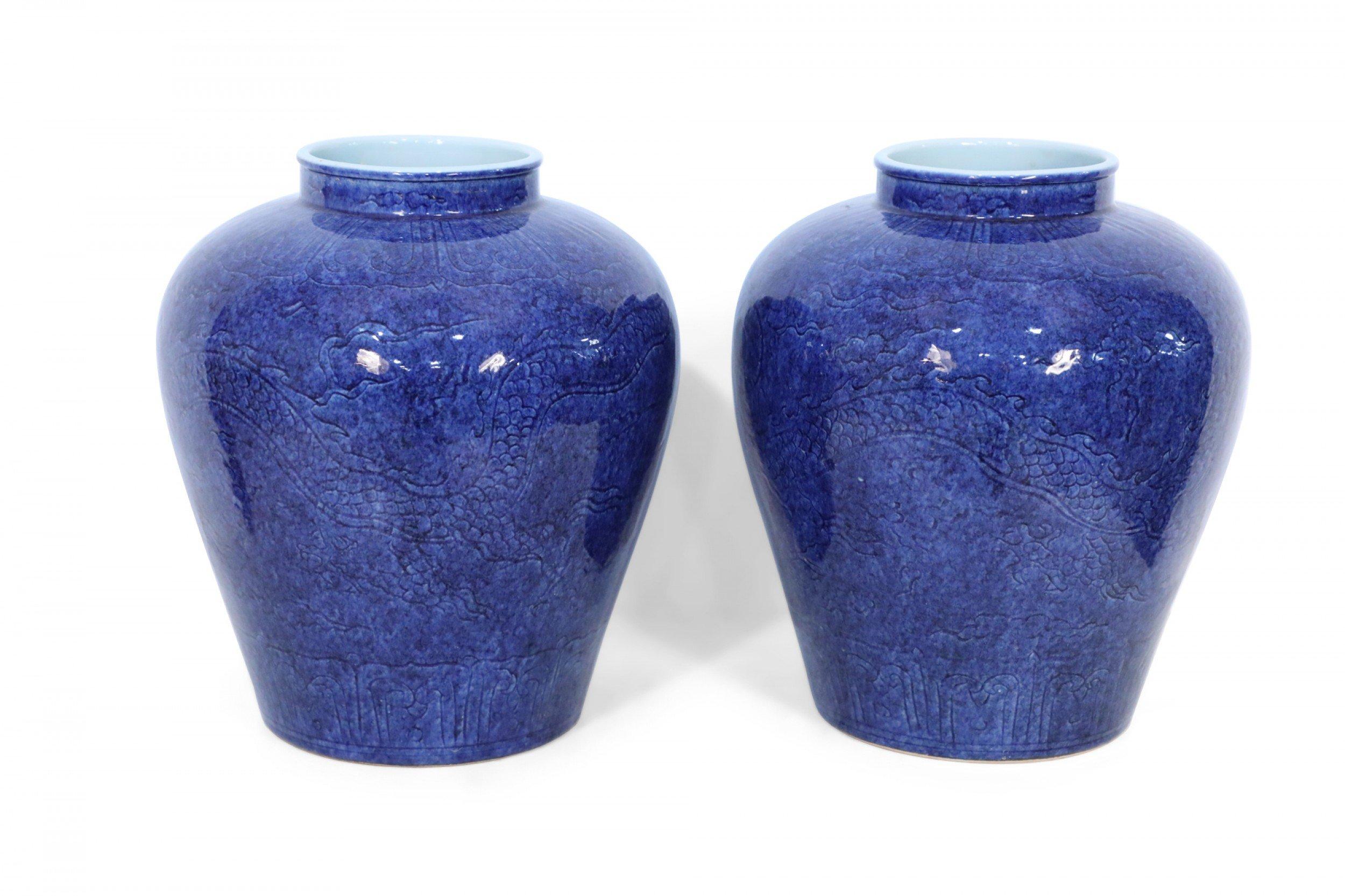 Pair of Chinese Cobalt Blue and Incised Dragon Motif Vases In Good Condition In New York, NY