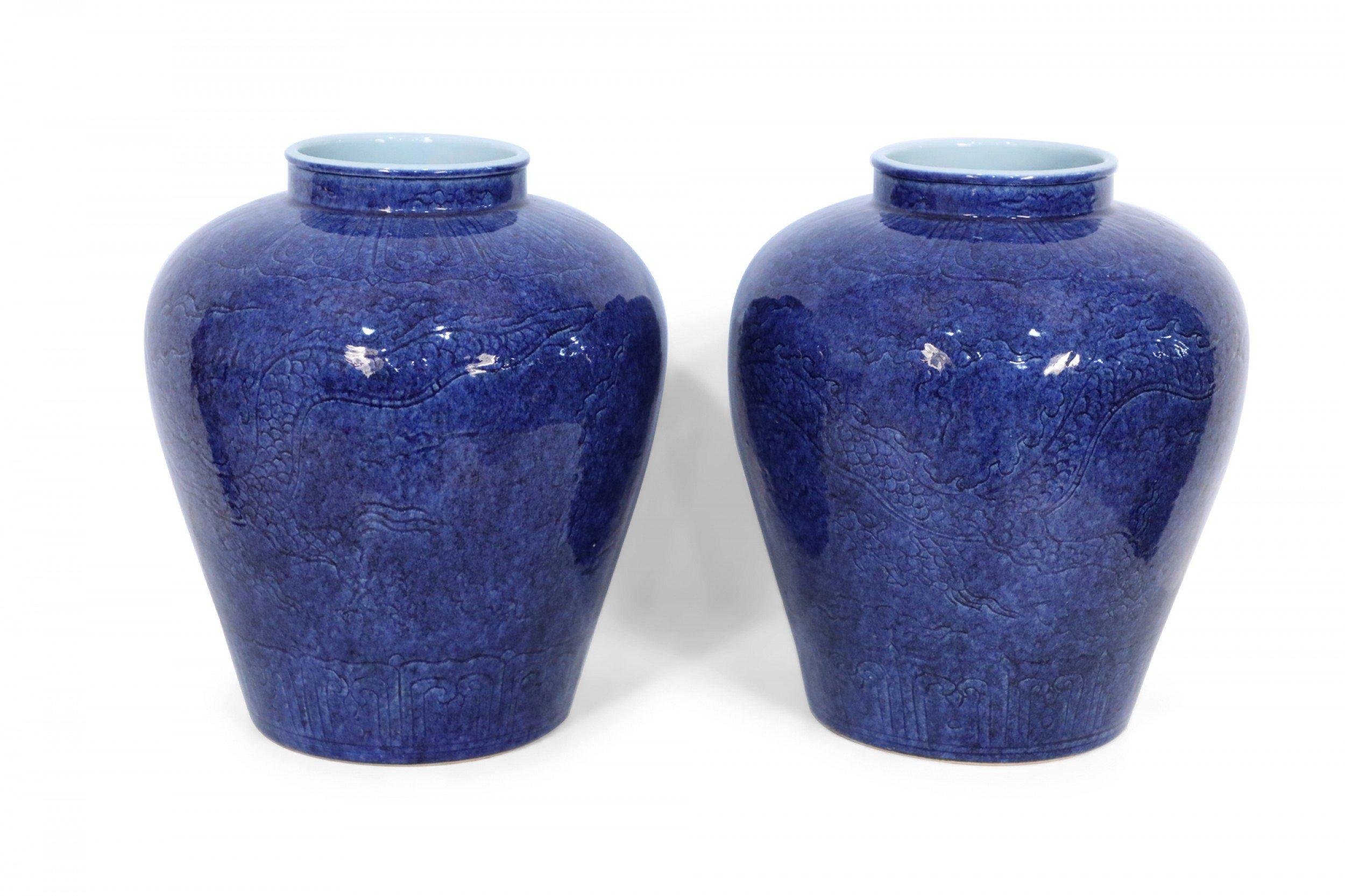 20th Century Pair of Chinese Cobalt Blue and Incised Dragon Motif Vases