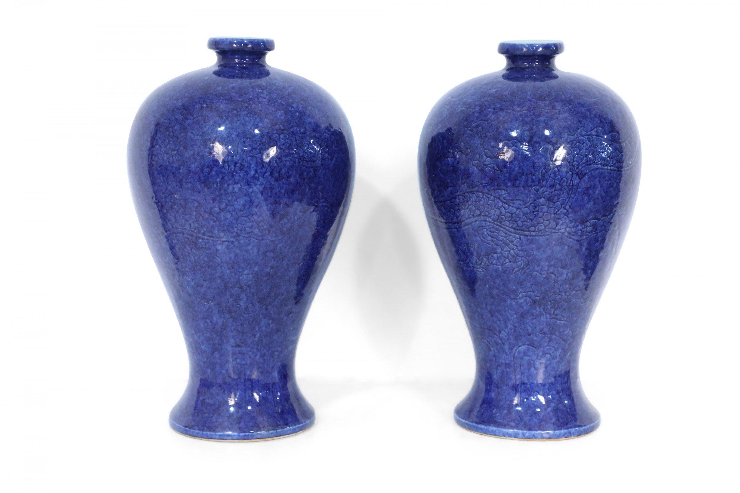 Hand-Crafted Pair of Chinese Cobalt Blue and Incised Motif Meiping Vases For Sale